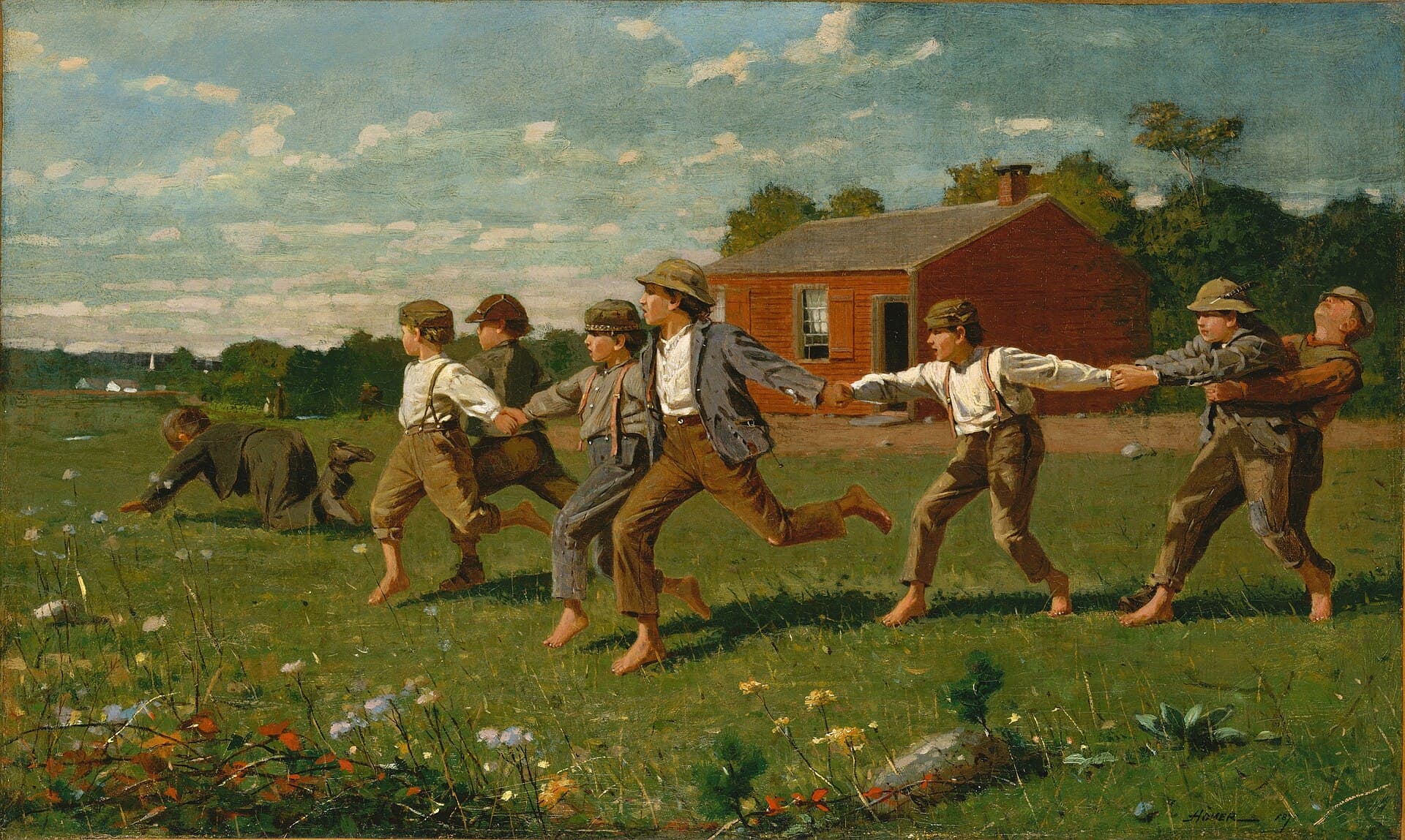 Winslow Homer, Snap the Whip, 1872, Metropolitan Museum of Art - na słonecznej łące przed małą czerwoną wiejską szkołą gromada bosych chłopców w czapkach i szelkach gra w grę zręcznościową: trzymają się za ręce, tworząc długi łańcuch, który gwałtownie zakręca, a dwóch chłopców z końca traci równowagę i pada na trawę; obraz beztroskiego dzieciństwa z nutą nostalgii