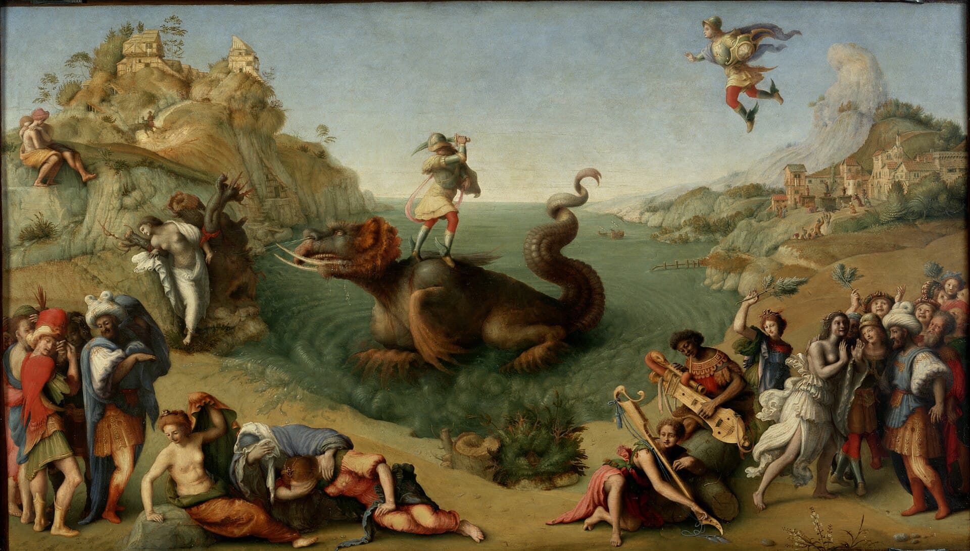 Piero di Cosimo, Uwolnienie Andromedy (ok. 1513) — Perseusz pokazany dwa razy: zlatuje z nieba w prawym górnym rogu i stoi już z uniesionym mieczem na grzbiecie morskiego potwora, oba razy w butach ze skrzydełkami u kostek; Andromeda w bieli stoi przywiązana czerwonymi sznurami do uschłego drzewa, a na brzegu jedni zasłaniają twarze, drudzy grają na instrumentach