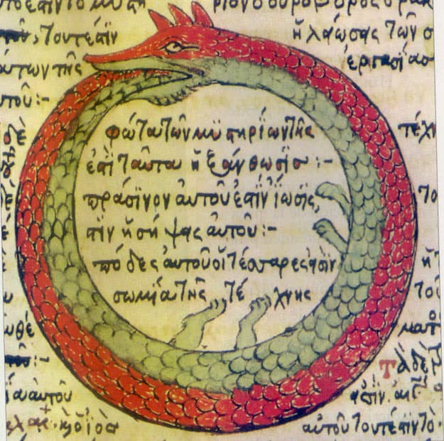 Uroboros - rysunek z późnośredniowiecznego bizantyjskiego rękopisu alchemicznego, kopia Teodora Pelekanosa z 1478 roku - wąż zwinięty w okrąg, kąsający własny ogon; pysk styka się z ogonem, tworząc zamknięte koło, w którym koniec spotyka początek, a w środku widnieje grecki napis