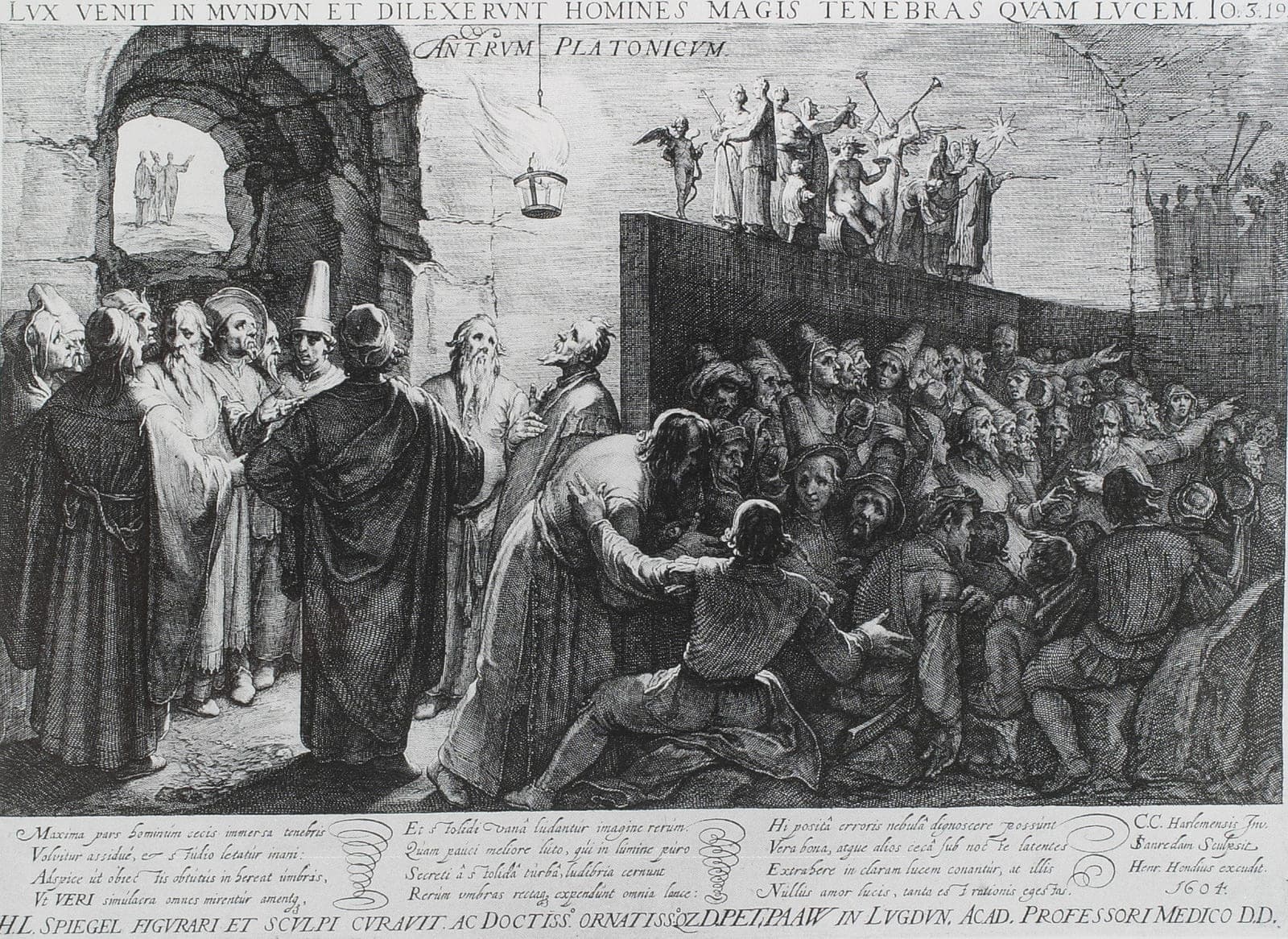 Jan Saenredam, Jaskinia Platona (Antrum Platonicum), 1604 - skuci więźniowie patrzą na cienie na ścianie jaskini, a inni wspinają się ku światłu