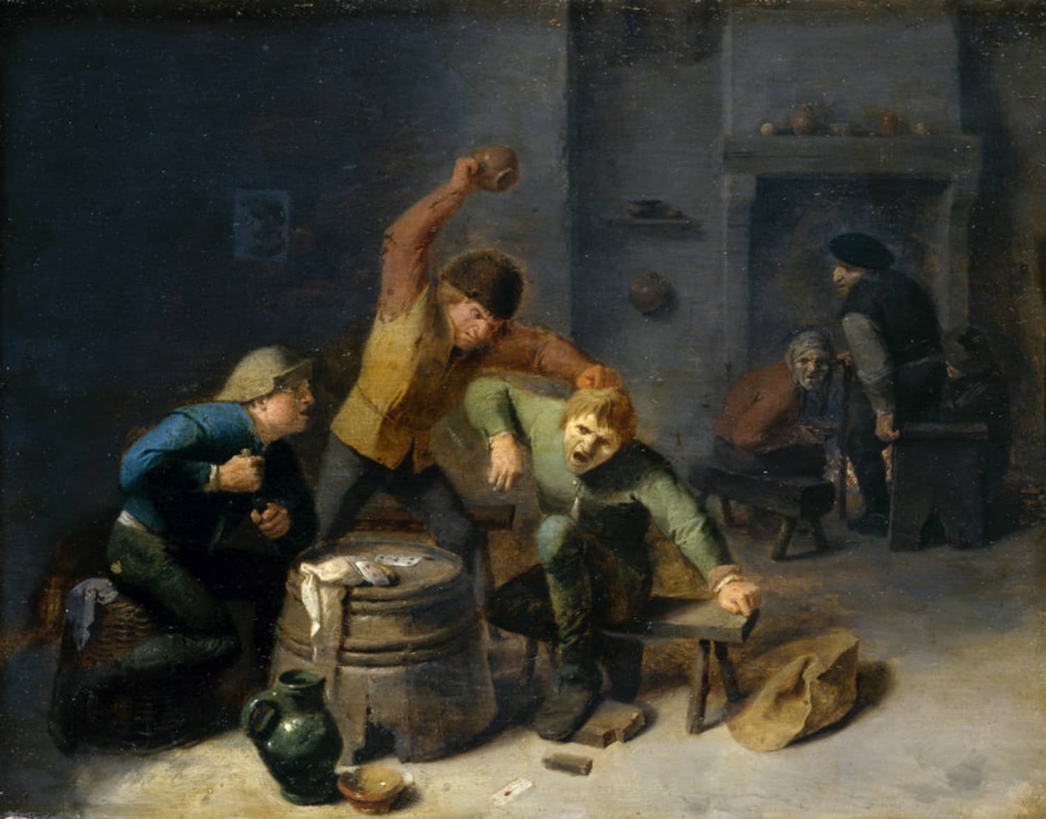 Adriaen Brouwer, Kłótnia przy kartach, ok. 1630, olej na desce - rodzajowa scena w ciemnej karczmie: kilku chłopów poderwało się od stolika z kartami i bije się w gniewie; widać wykrzywione twarze, uniesione pięści i dłoń sięgającą po nóż, na podłodze przewrócony dzban i miska; światło z lewej i od kominka wydobywa z mroku splecione w szarpaninie postacie