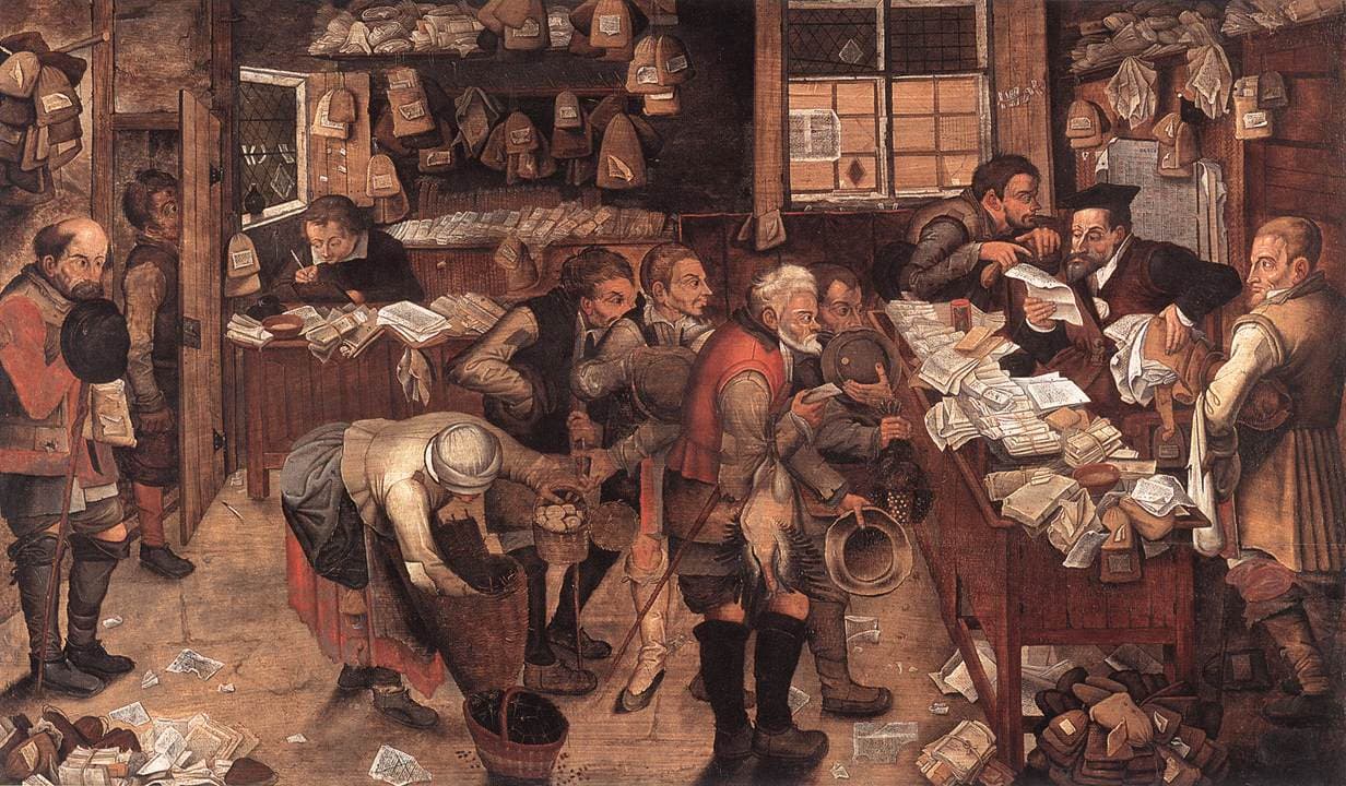 Honoré Daumier, Brzuch legislacyjny (1834) - litografia przedstawiająca wznoszące się półkolem rzędy siedzeń wypełnione mężczyznami w ciemnych surdutach, każda twarz narysowana jak karykatura, jedni śpią z głowami opartymi na piersi, inni rozparli się z założonymi rękami, kilku szepcze do sąsiadów, a nikt nie patrzy w tę samą stronę