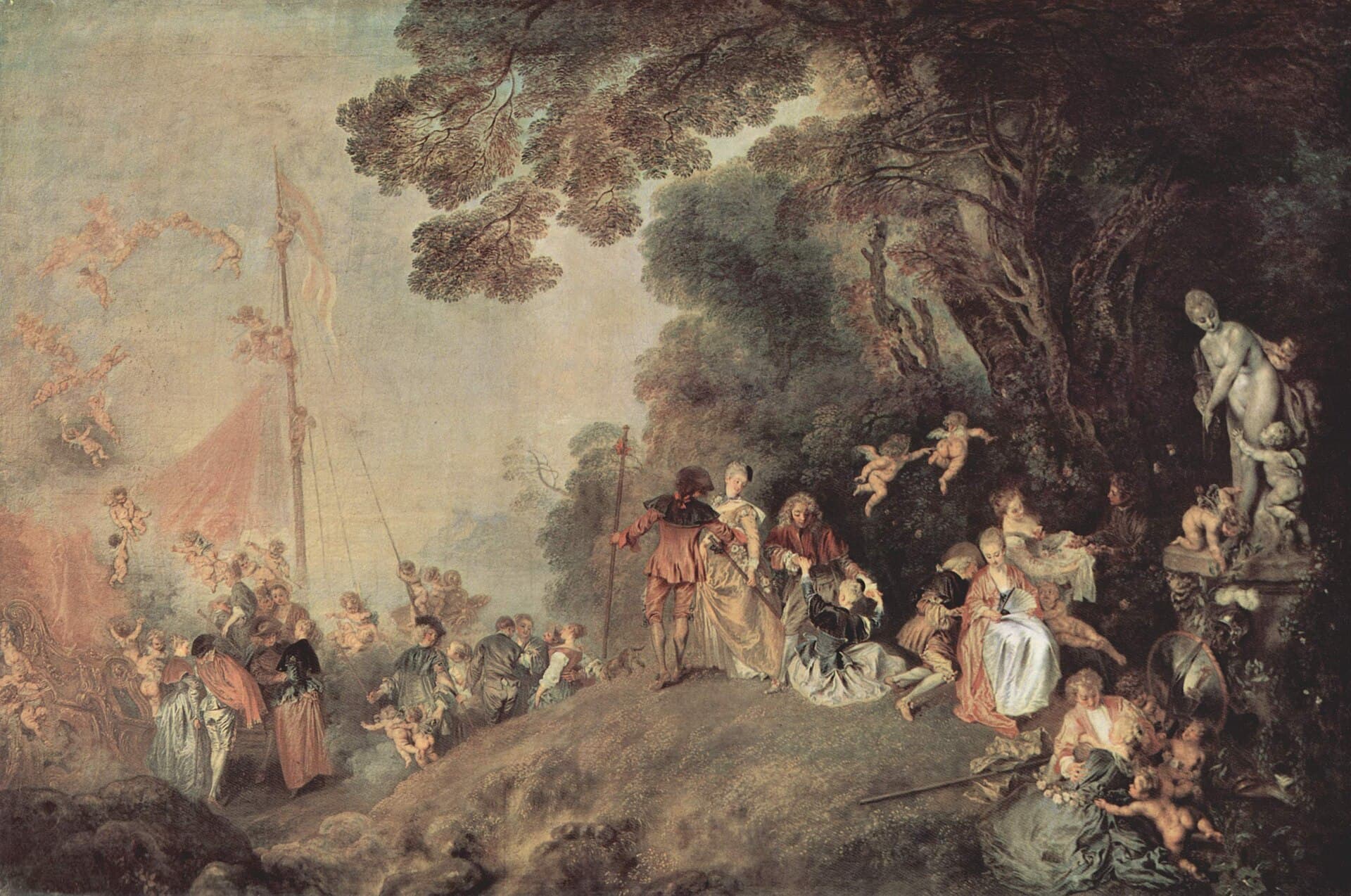 Antoine Watteau, Pielgrzymka na Cyterę 1717, Luwr — pary w różnych fazach romansu na drodze do wyspy Wenus, archetyp wizualny struktury komedii romantycznej