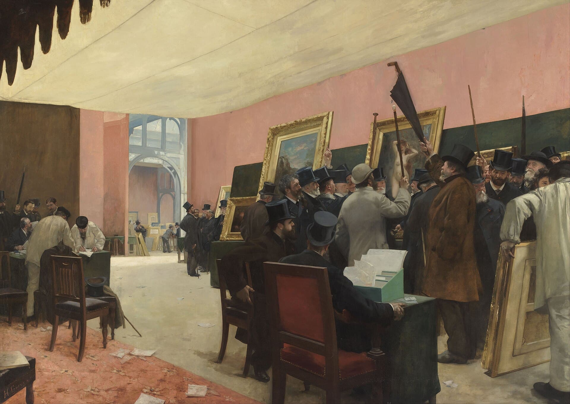Henri Gervex, Une séance du jury de peinture (Sesja jury malarstwa) 1885, Musée d'Orsay — tłum mężczyzn w cylindrach ogląda obrazy w złoconych ramach oparte o zieloną ścianę sali, jeden z nich wskazuje parasolem płótno z aktem, posługacze w białych kitlach podtrzymują ramy, z lewej urzędnicy spisują wyniki przy stole, podłoga zasłana kartkami