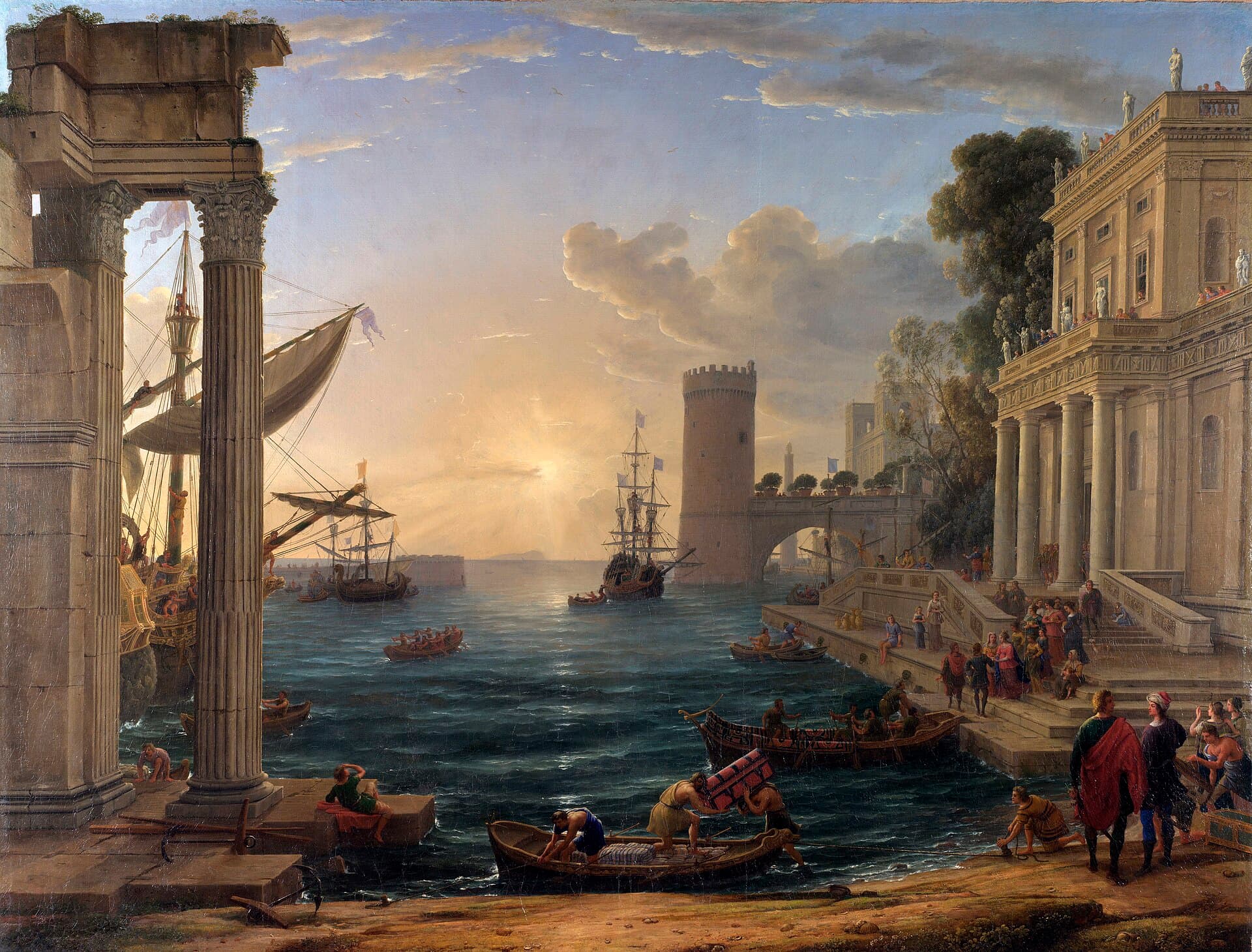 Claude Lorrain, 1648, National Gallery w Londynie — szeroka zatoka o wschodzie słońca, tarcza słońca nisko pośrodku płótna rozlewa po wodzie pas światła. Lewą krawędź zamyka wysoka antyczna ruina z korynckimi kolumnami, za nią maszty żaglowca przy nabrzeżu. Prawą wypełnia jasny pałac z kolumnadą i szerokie schody schodzące do wody, na których tłoczy się barwny tłum. Pośrodku zatoki okrągła baszta i most, na pierwszym planie wioślarze przy łodziach, dźwigane bele i skrzynie oraz kotwica leżąca na kamiennym bruku.