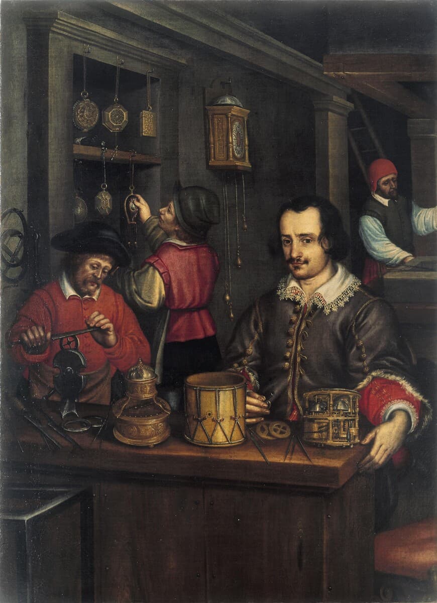Nieznany malarz, „Warsztat zegarmistrza” (ok. 1610) — zegarmistrz pochylony nad drobnym mechanizmem w absolutnym skupieniu, wypatrujący najmniejszej nieprawidłowości.