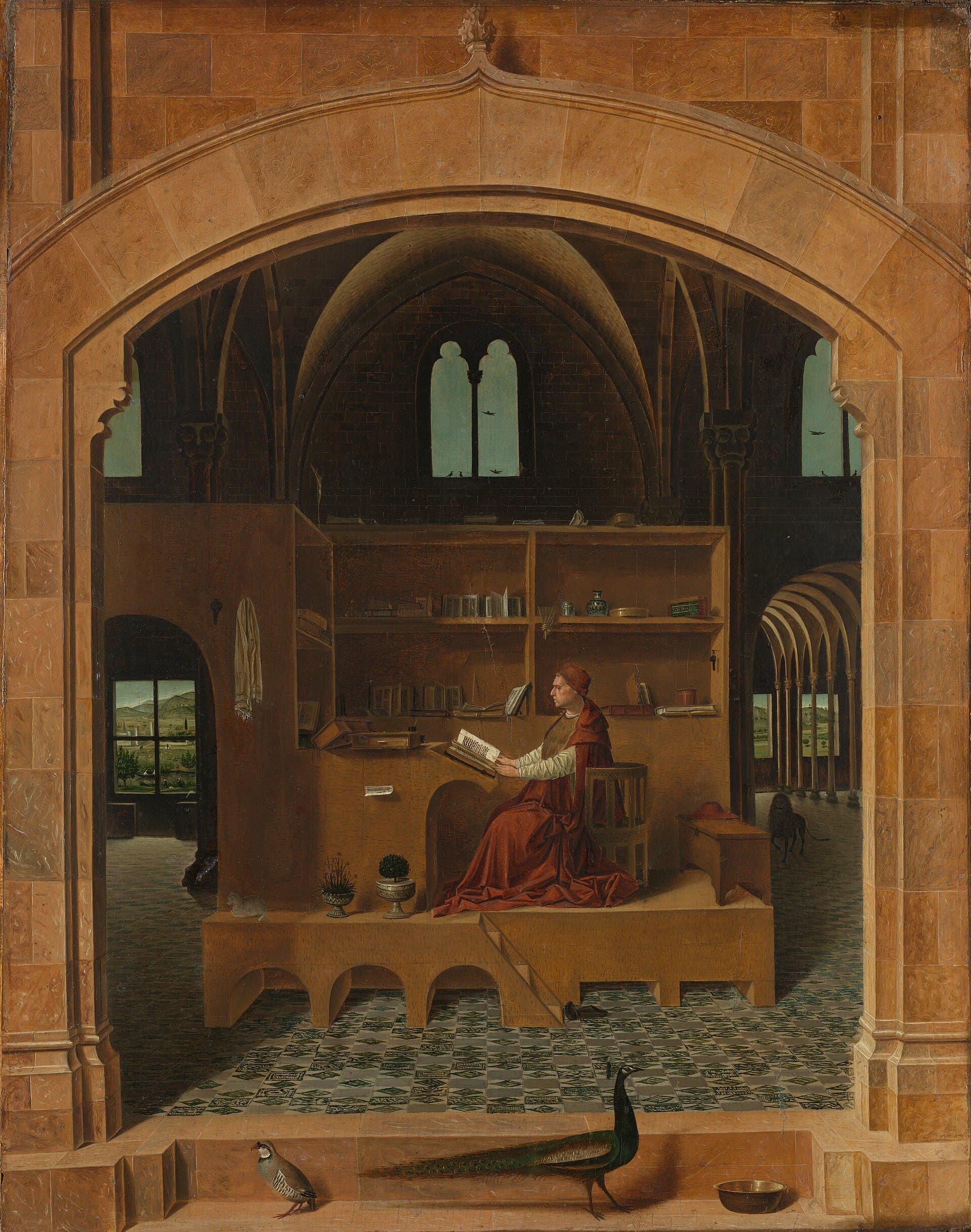 Antonello da Messina, Św. Hieronim w pracowni (ok. 1475) - uczony pochłonięty skrupulatną lekturą wśród swoich ksiąg