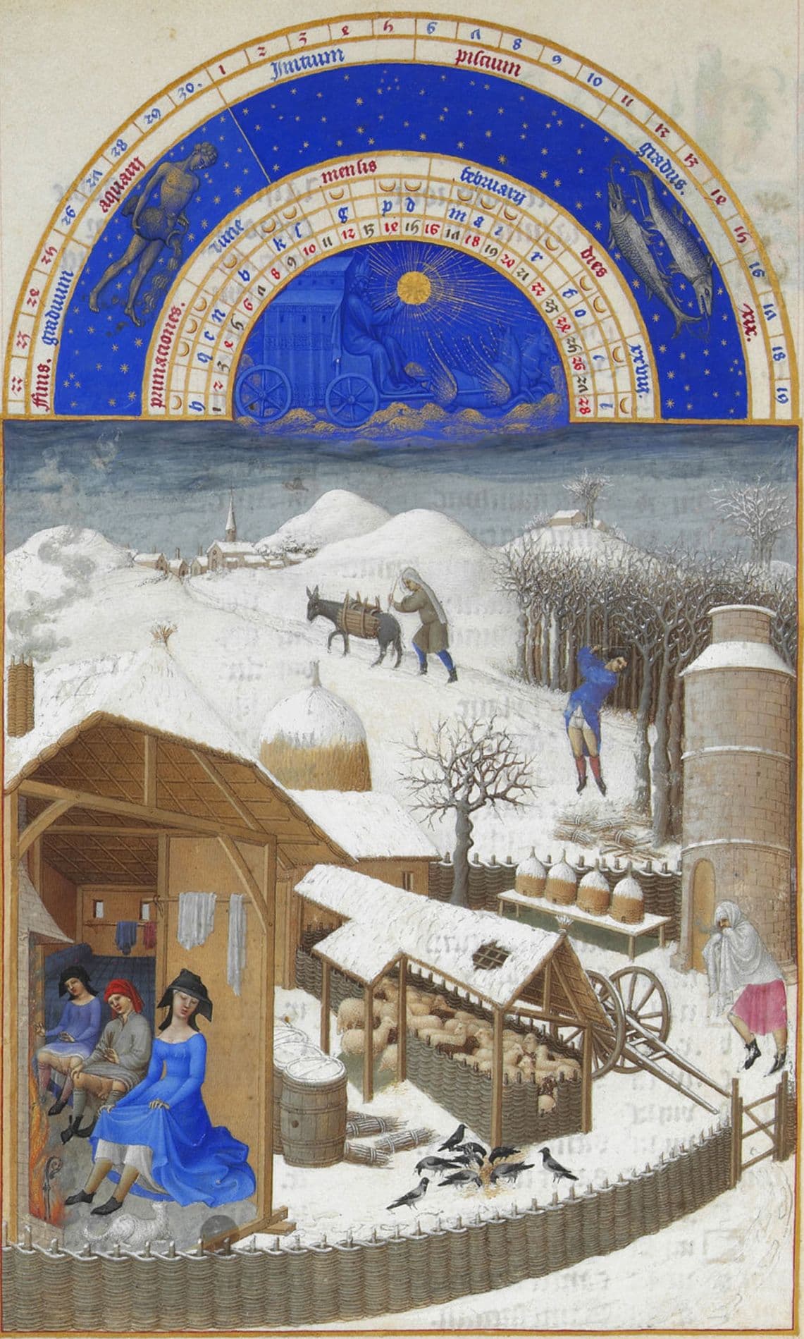 Bracia Limbourg, Luty z Très Riches Heures du Duc de Berry ok. 1412-16 - pionowa miniatura, cała wieś pod grubym śniegiem: chałupę na pierwszym planie pokazano bez przedniej ściany, a w środku troje ludzi grzeje się przy ogniu, unosząc poły ubrań. Obok owczarnia pełna owiec, rząd słomianych uli, dwukołowy wóz i czarne ptaki dziobiące w śniegu, wyżej mężczyzna rąbie drwa, ktoś prowadzi objuczonego osła drogą ku wsi z kościelną wieżą, a górę karty zamyka łuk nieba ze znakami Wodnika i Ryb.