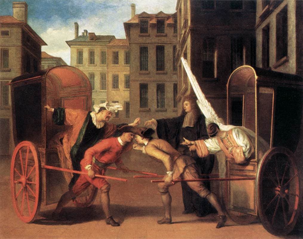 Claude Gillot, Dwa powozy, ok. 1707 - teatralna scena commedii dell'arte, dwa powoziki blokują się w wąskiej uliczce, Arlekin i Skaramucz w komicznej awanturze
