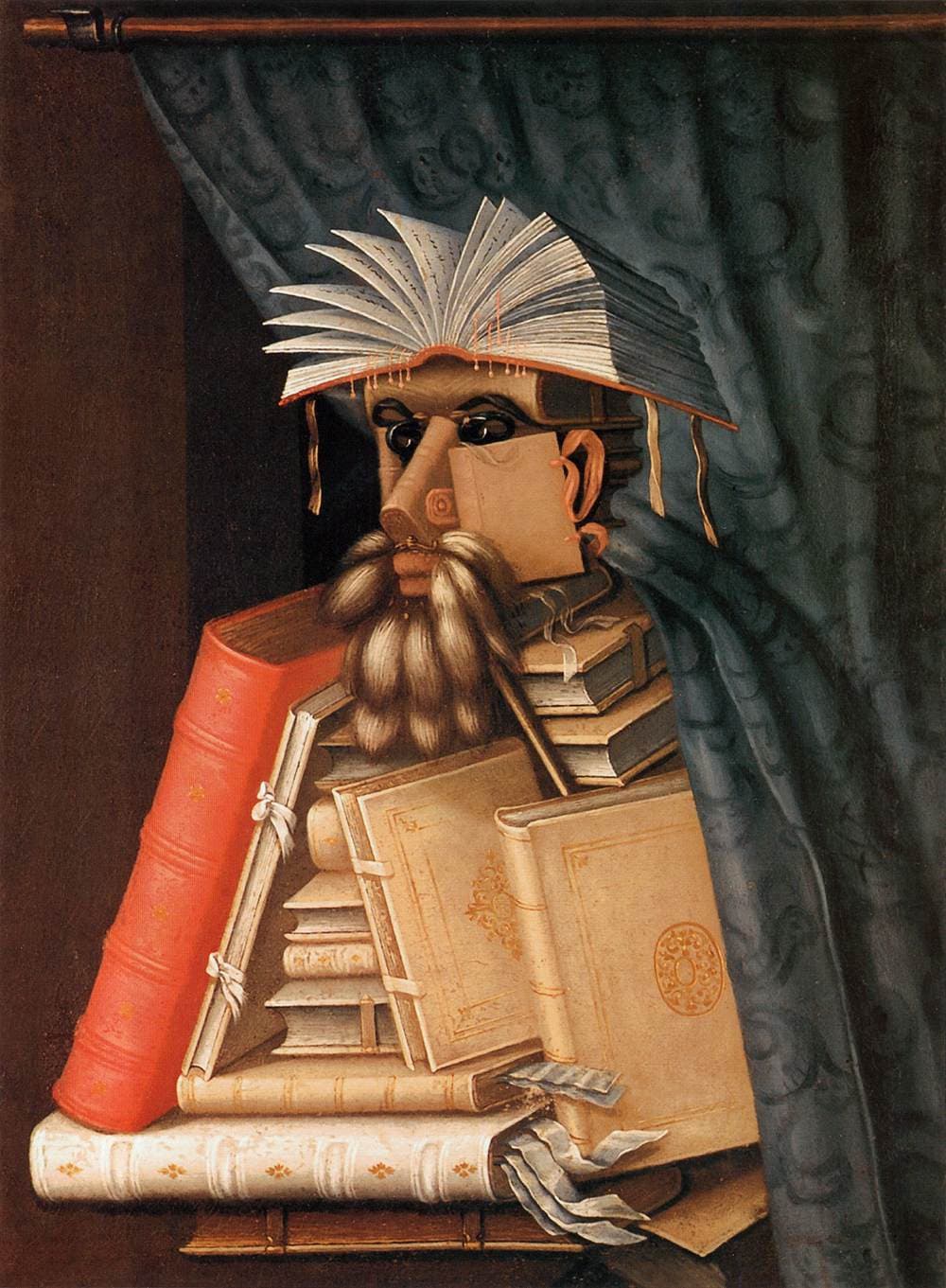 Giuseppe Arcimboldo, Bibliotekarz (ok. 1566) - postać ludzka złożona w całości z książek, a mimo to czytana jako jeden człowiek