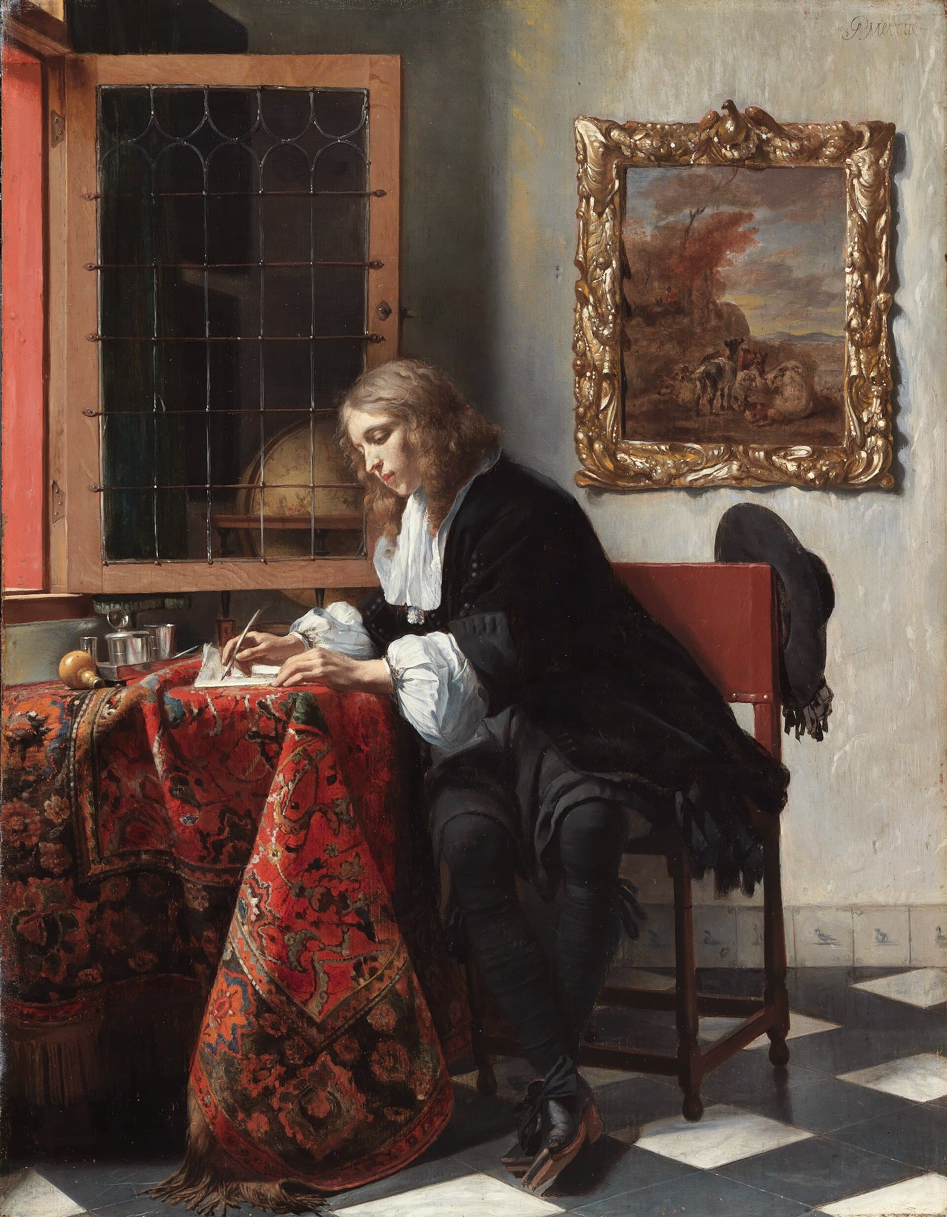 Gabriël Metsu, Mężczyzna piszący list, ok. 1665, Galeria Narodowa Irlandii w Dublinie - młody, elegancko ubrany mężczyzna siedzi przy stole nakrytym wzorzystym dywanem, tuż przy jasnym, otwartym oknie; pochylony nad kartką pisze list gęsim piórem, obok stoi kałamarz, w głębi widać globus; cała scena to skupiony, celowy akt komponowania listu słowo po słowie