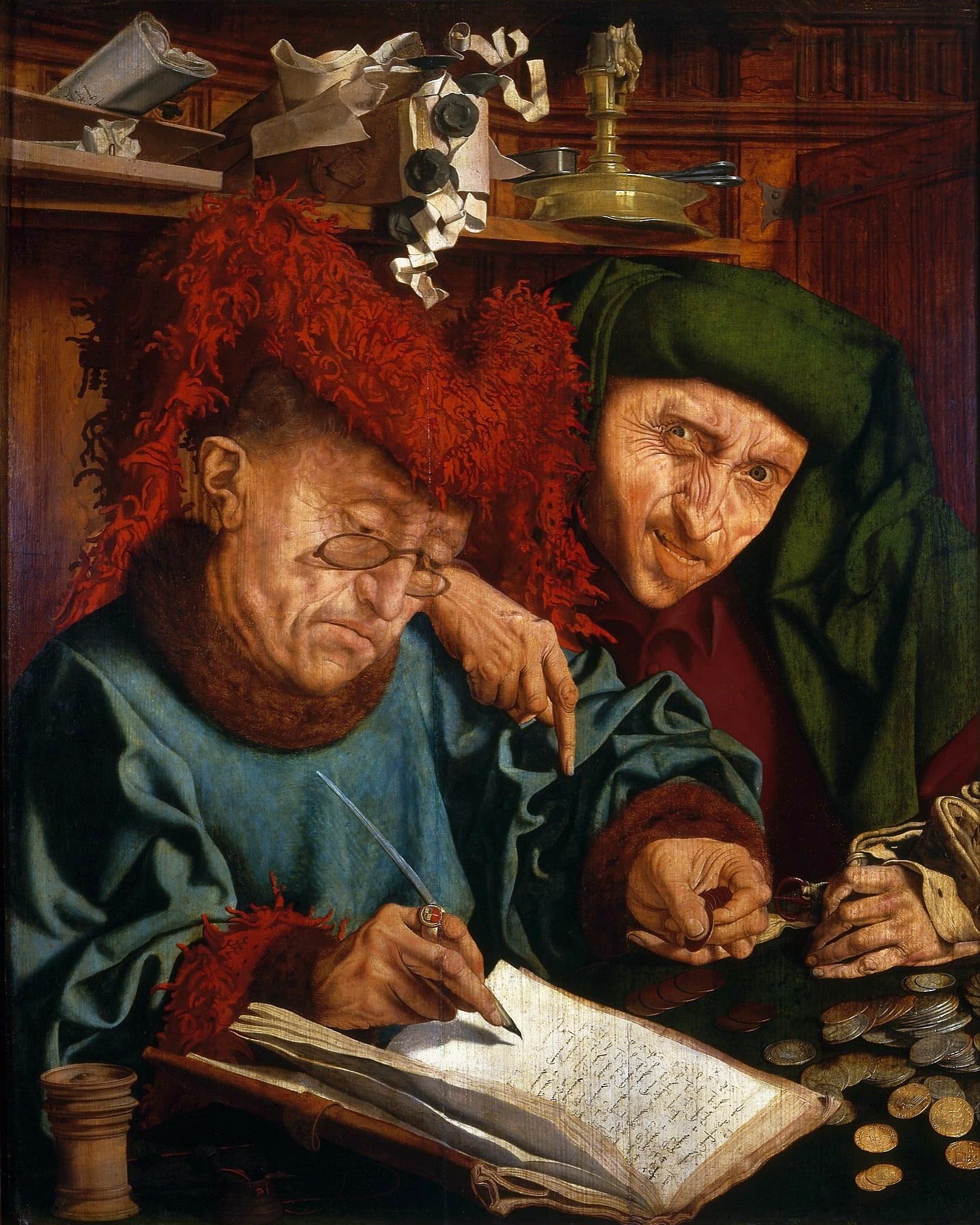 Marinus van Reymerswaele, Poborcy podatków (ok. 1542) - dwaj urzędnicy nad otwartym rejestrem pełnym wpisów, które muszą się zbilansować