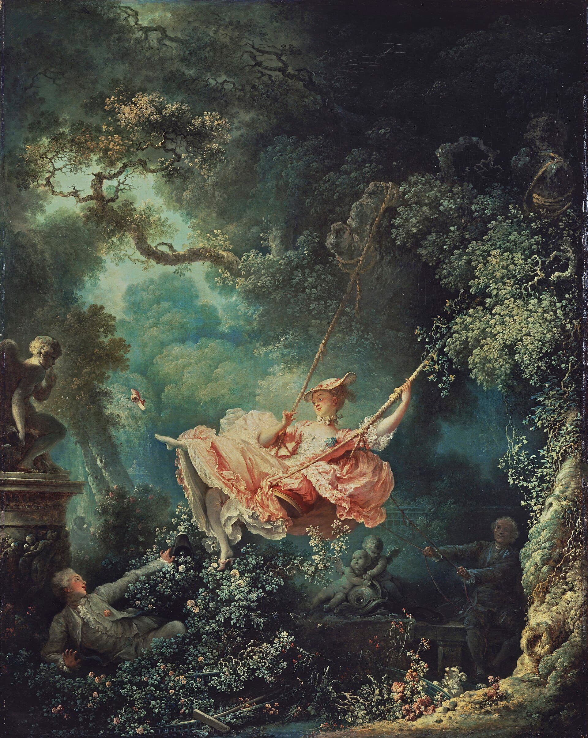 Jean-Honoré Fragonard, Huśtawka, ok. 1767, Wallace Collection w Londynie. Rokokowy park w gęstej, ciemnozielonej zieleni, przecięty smugą światła. Kobieta w bufiastej różowej sukni siedzi na huśtawce zawieszonej na sznurach u konaru drzewa, wyrzucona wysoko w prawo, z jedną nogą wyprostowaną. Jej pantofelek odrywa się od stopy i leci w powietrzu. W dolnym lewym rogu, w krzewach, leży wsparty na ramieniu młody mężczyzna z wyciągniętą ręką i kapeluszem. W półcieniu w głębi po prawej starszy mężczyzna ciągnie sznury. Po bokach ustawiono kamienne rzeźby putt.