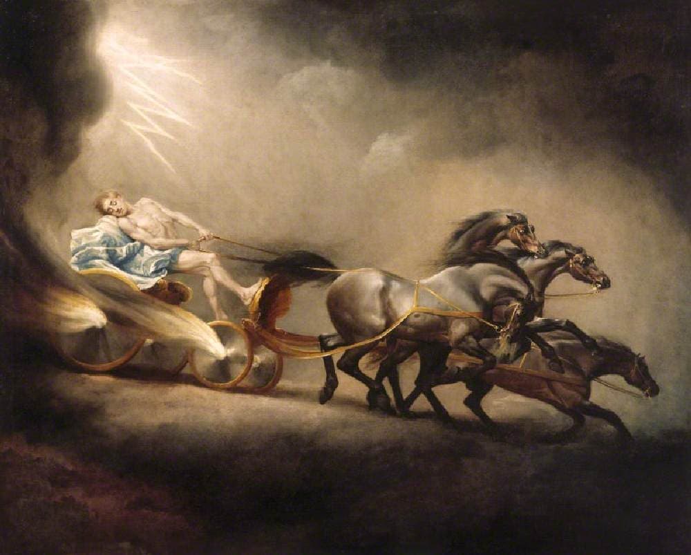 George Stubbs, Upadek Faetona, 1777, olej - dramatyczna scena katastrofy w przestworzach: Faeton, który uprosił u ojca rydwan słońca, traci nad nim panowanie; cztery spłoszone konie wierzgają i pikują w dół, rydwan się rozpada, a postać chłopca spada ku ziemi na tle ciemnego, kłębiącego się nieba