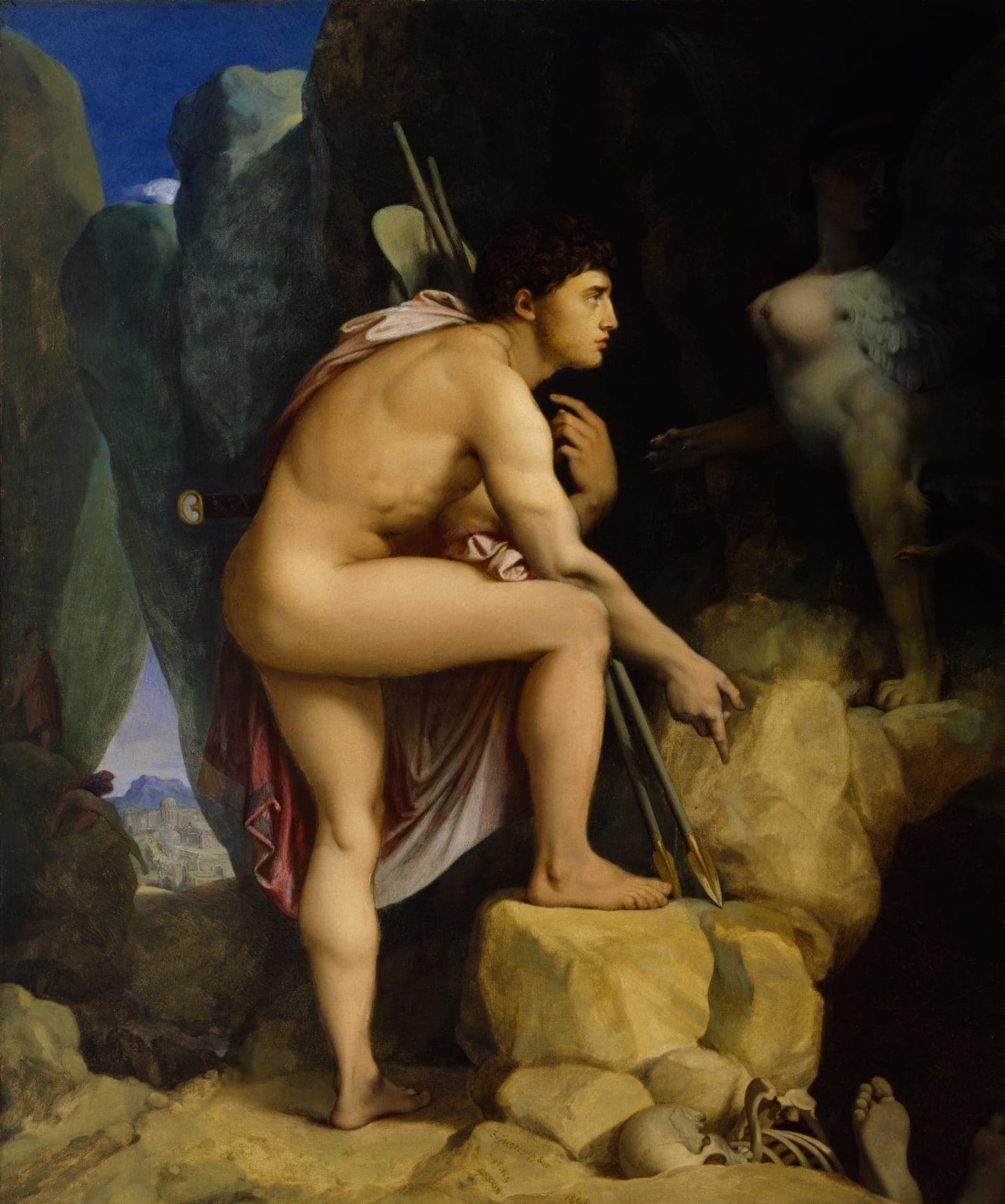 Jean-Auguste-Dominique Ingres, Edyp i Sfinks (1864) — nagi młodzieniec z dwiema włóczniami wspiera stopę o głaz i pochyla się ku Sfinksowi o kobiecej twarzy, pierzastych skrzydłach i lwich łapach, przyczajonemu w cieniu skalnej szczeliny; w prawym dolnym rogu leżą czaszka, żebra i bosa stopa, a w prześwicie po lewej dwie drobne postacie i odległe miasto pod górą