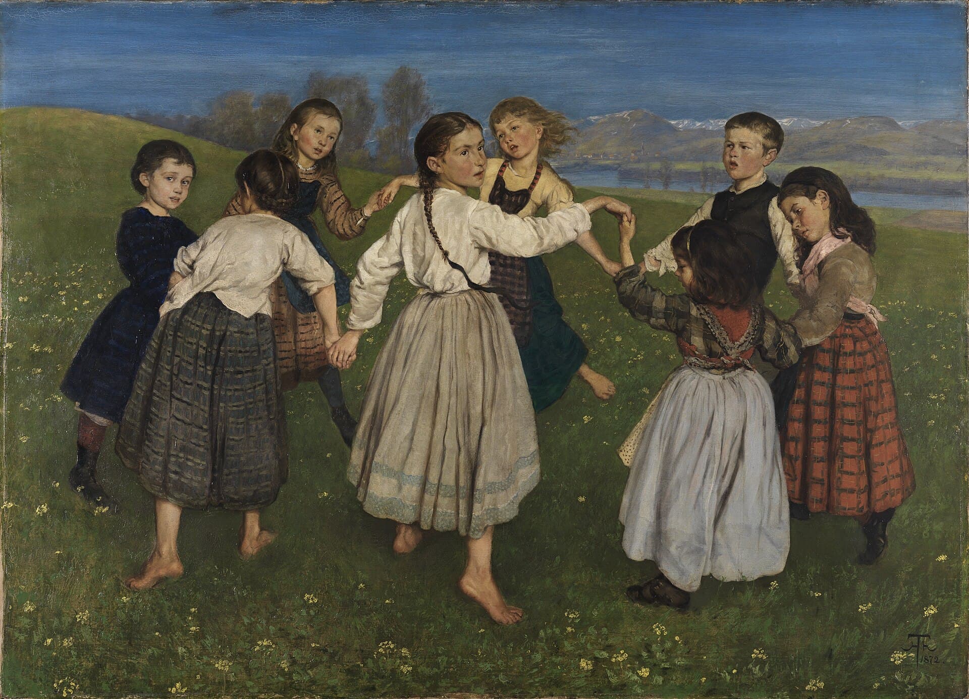 Hans Thoma, Korowód dzieci, 1872, olej na płótnie - grupka dzieci ujętych dłoń w dłoń tworzy zamknięty krąg taneczny na trawiastym wzgórzu, na tle rozległego krajobrazu; figury połączone uchwytami rąk w jedną sieć, w której każda postać wiąże się z sąsiadami