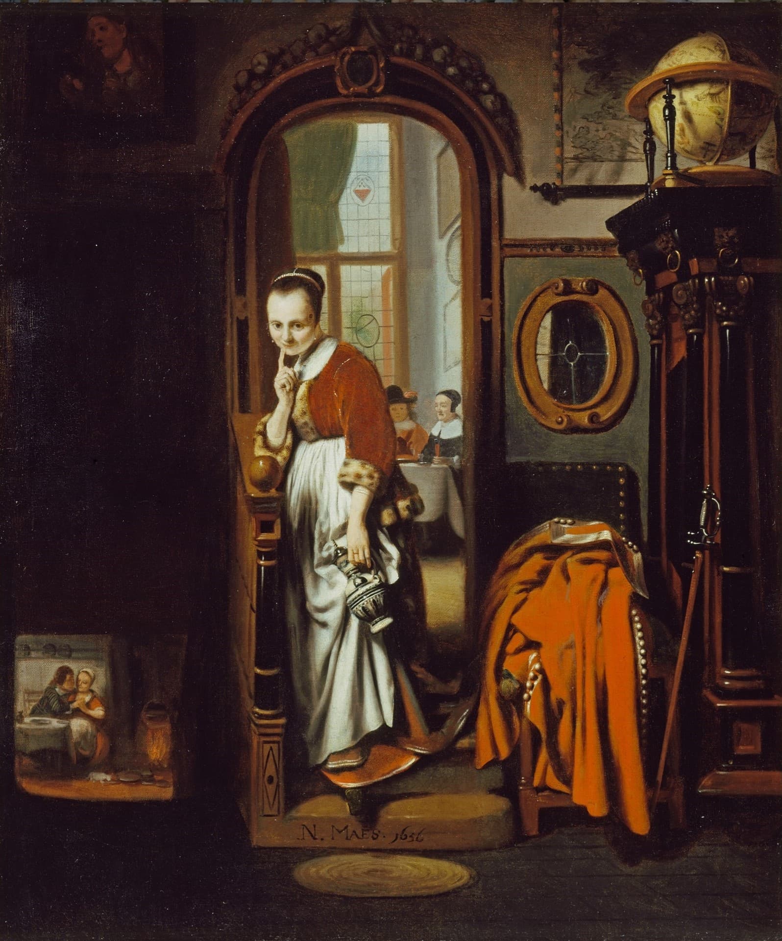 Nicolaes Maes, Podsłuchująca (1655) - kobieta schodzi po schodach z palcem na ustach, podsłuchując i patrząc wprost na widza