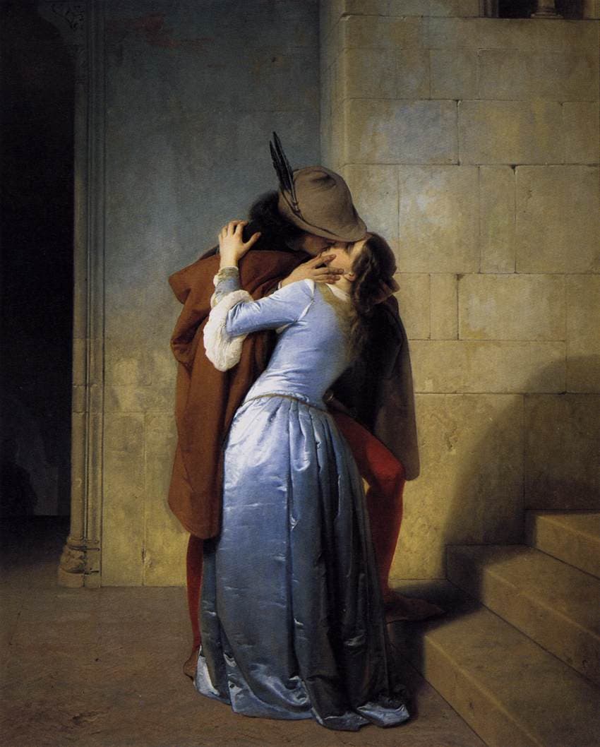 Francesco Hayez, Pocałunek (1859) — para w namiętnym uścisku u podnóża kamiennych schodów, mężczyzna z nogą wspartą o pierwszy stopień, jakby zaraz miał odejść