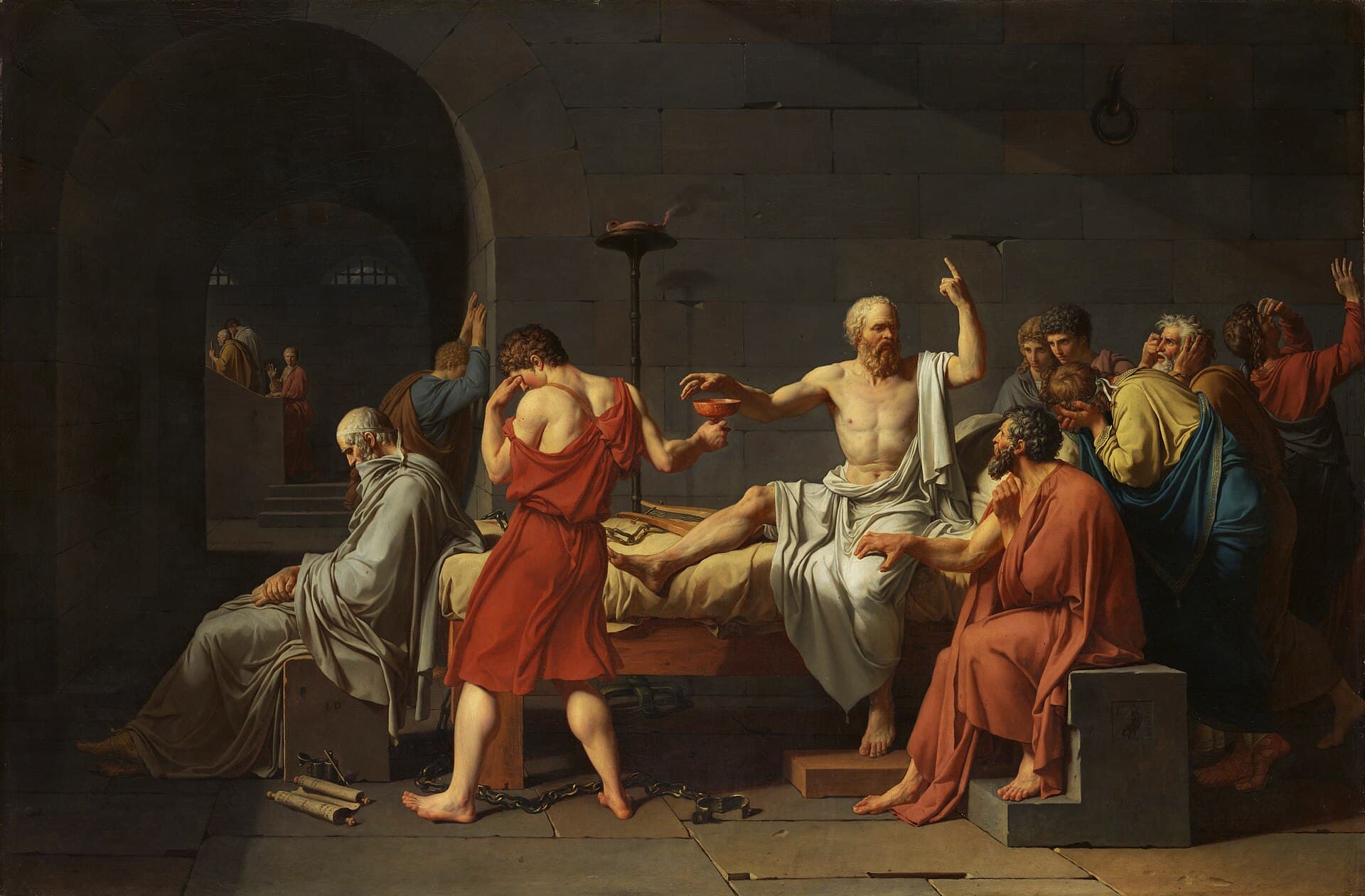 Jacques-Louis David, Śmierć Sokratesa, 1787 — archetyp odejścia mentora w kanonie zachodnim
