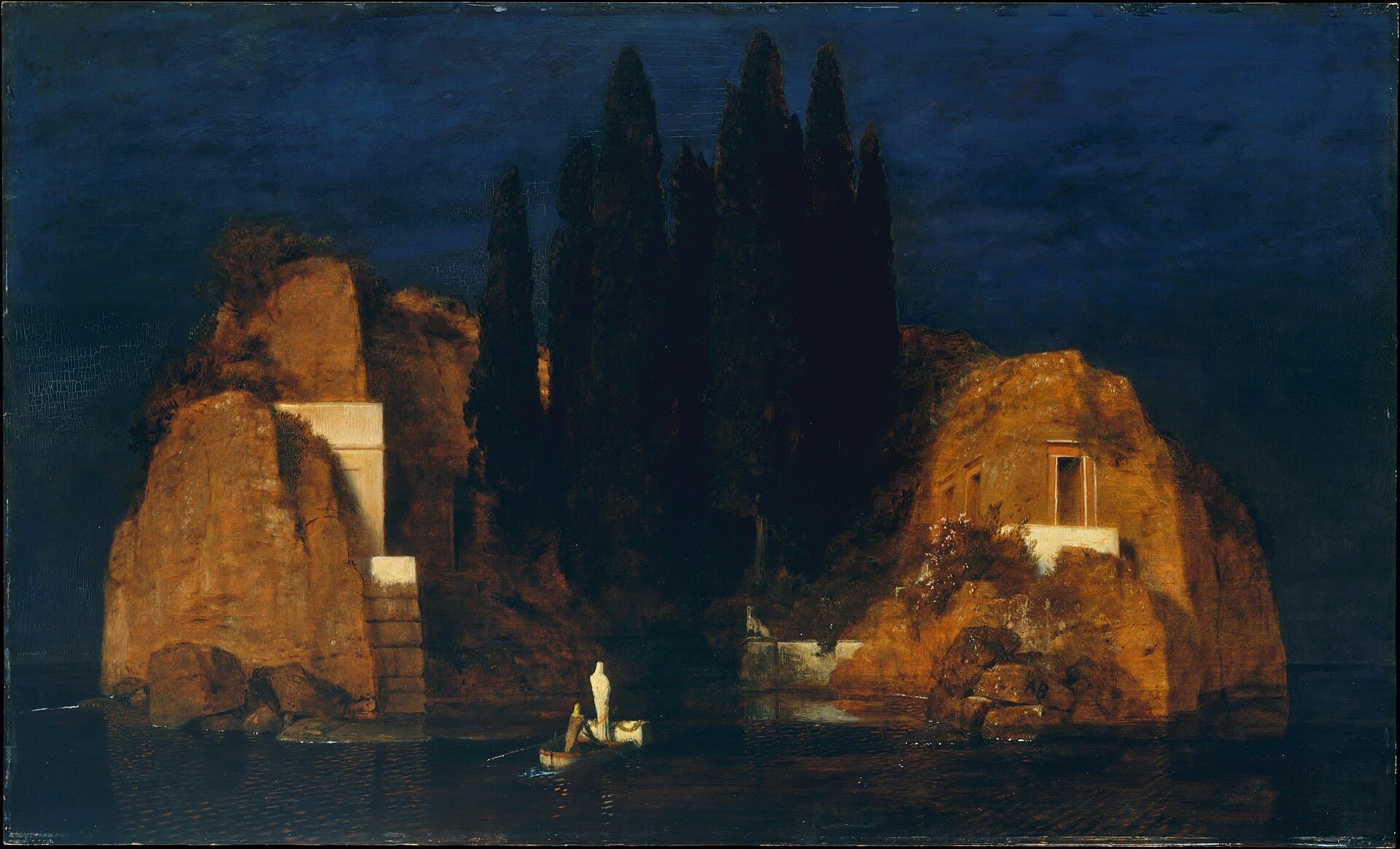Arnold Böcklin, Wyspa umarłych druga wersja 1880, Metropolitan Museum of Art — wyspa z cyprysami na ciemnym morzu, łódź z postacią w bieli, klasyczna wizualizacja mistycznego thrillera