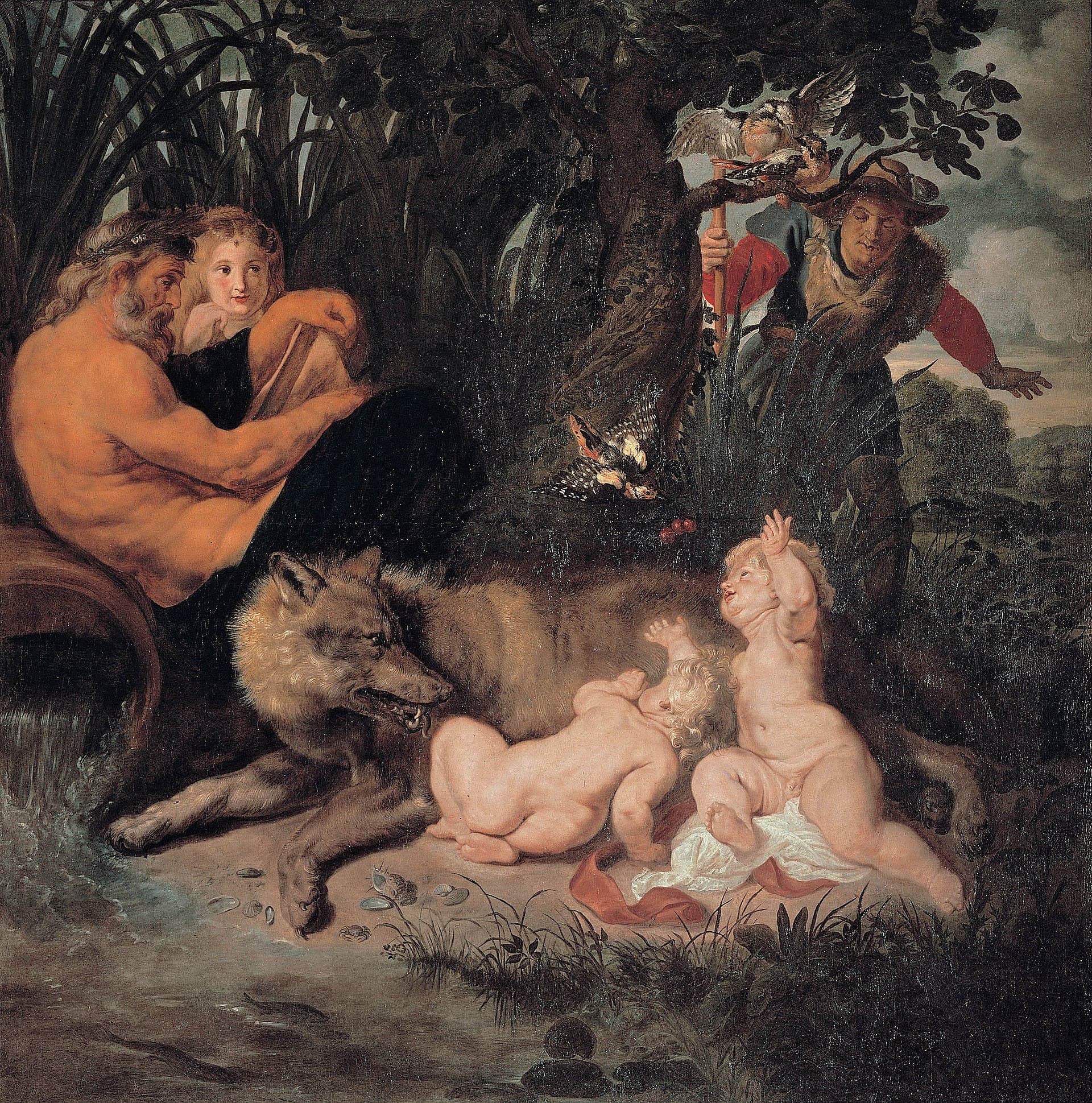 Peter Paul Rubens, Romulus i Remus ok. 1616, Pinakoteka Kapitolińska - nad wodą leży wilczyca, obok niej dwoje nagich niemowląt, jedno wyciąga ręce w górę; z lewej brodaty bóg rzeki Tyber z młodą postacią, z prawej pasterz w kapeluszu rozgarnia trzcinę, wyżej dzięcioły na gałęzi figowca