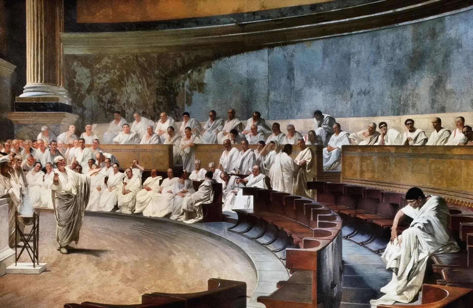 Cesare Maccari, Cyceron oskarża Katylinę, 1888, fresk w Palazzo Madama w Rzymie - wnętrze rzymskiego senatu: pośrodku stoi samotny mówca w todze, z wyciągniętą ręką, wygłaszając płomienną mowę; z boku, odsunięty od pozostałych senatorów, siedzi samotnie oskarżony Katylina, a rzędy słuchaczy wpatrują się w mówiącego - cała sala skupiona na jednym głosie