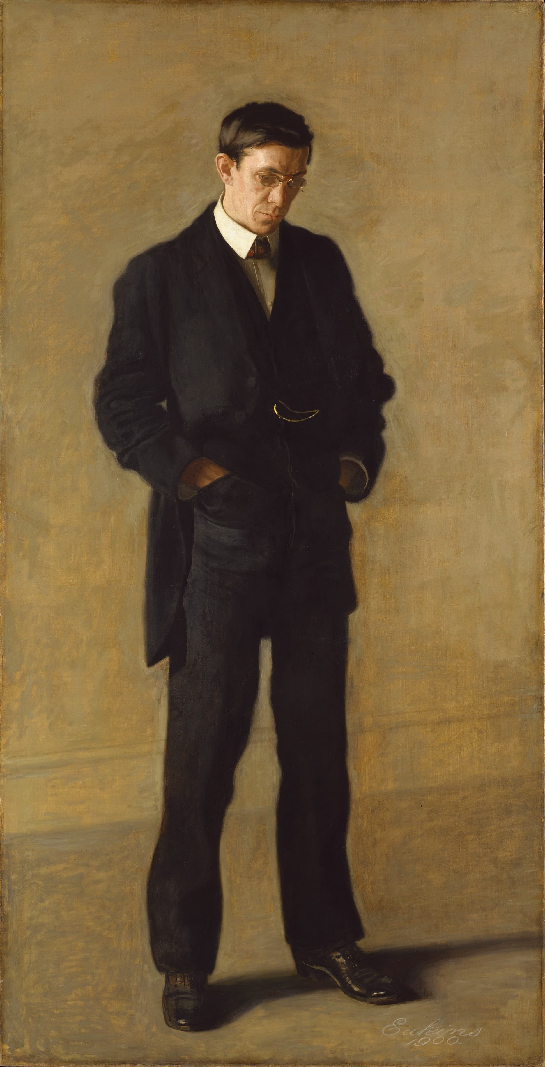 Thomas Eakins, Myśliciel (1900) - mężczyzna stojący z pochyloną głową i rękami w kieszeniach, pogrążony w myśli
