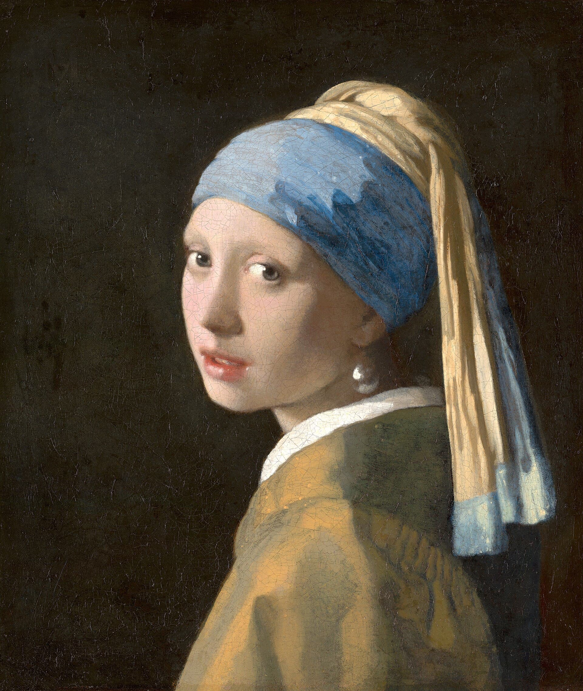 Johannes Vermeer, Dziewczyna z perłą, ok. 1665, Mauritshuis w Hadze — popiersie młodej kobiety na czarnym tle, w niebiesko-żółtym turbanie i ochrowej kurtce, odwróconej przez ramię, z dużą perłą w uchu