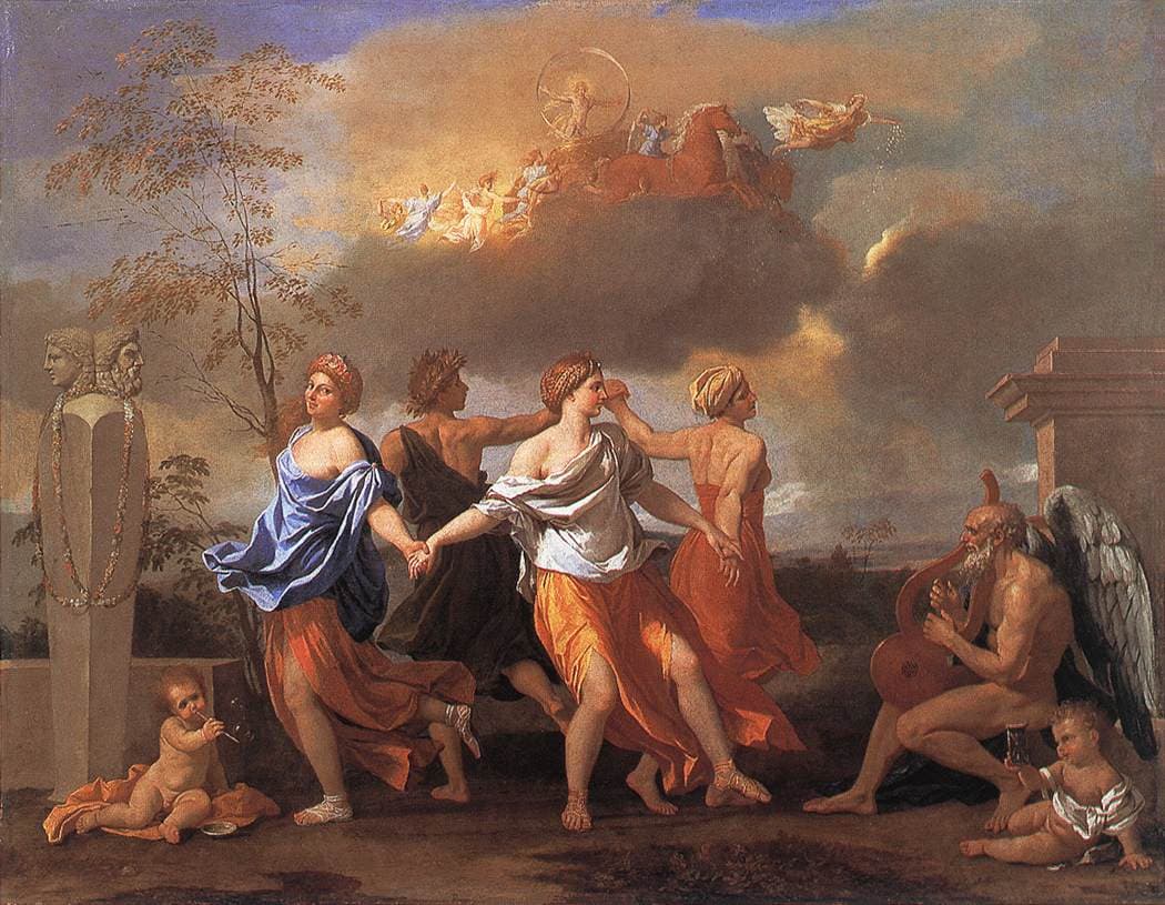 Nicolas Poussin, Taniec do muzyki czasu, około 1636, Wallace Collection — na polanie cztery postacie trzymające się za ręce obracają się w kręgu, każda inaczej ubrana i w innym wieku. Po prawej siedzi na kamieniu brodaty starzec ze skrzydłami i gra na lirze. U jego stóp putto trzyma klepsydrę, drugie putto po lewej stronie obrazu bawi się bańką mydlaną. W górze, na tle chmur, przez niebo przejeżdża rydwan słońca w otoczeniu korowodu postaci.