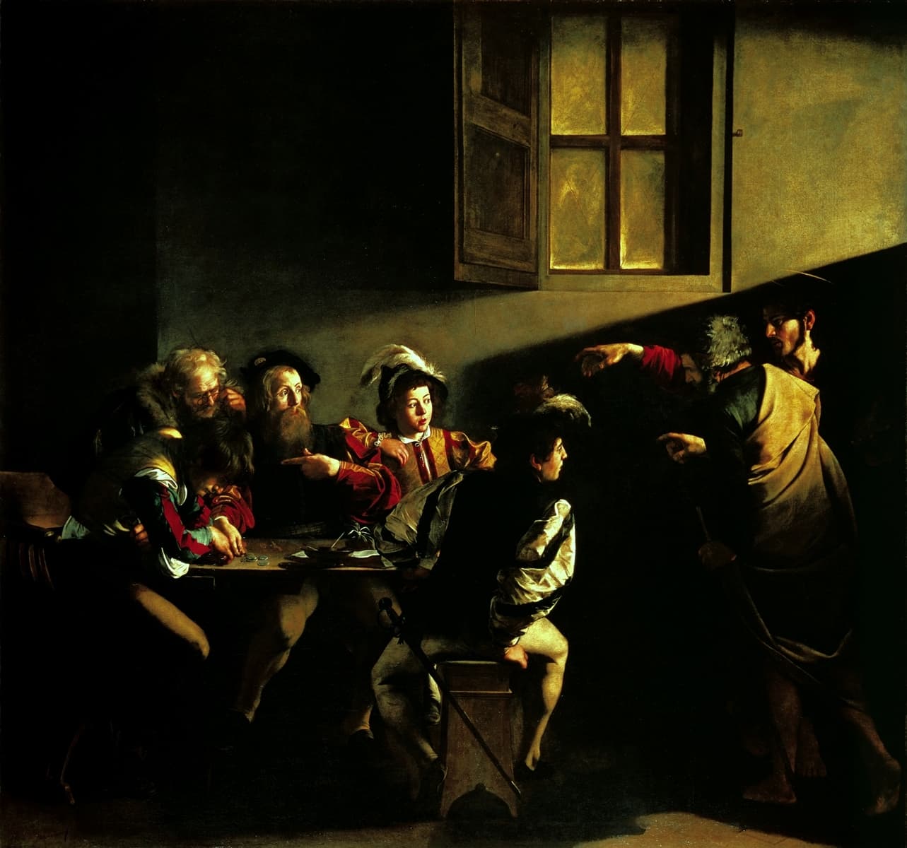 Caravaggio, Powołanie świętego Mateusza 1599-1600, San Luigi dei Francesi - w ciemnej izbie grupa mężczyzn w renesansowych strojach liczy monety przy stole, gdy z prawej wchodzi Chrystus i wyciąga rękę, a ostry diagonalny snop światła wydobywa twarze z mroku; chiaroscuro jako obraz moralnego wyboru w półcieniu