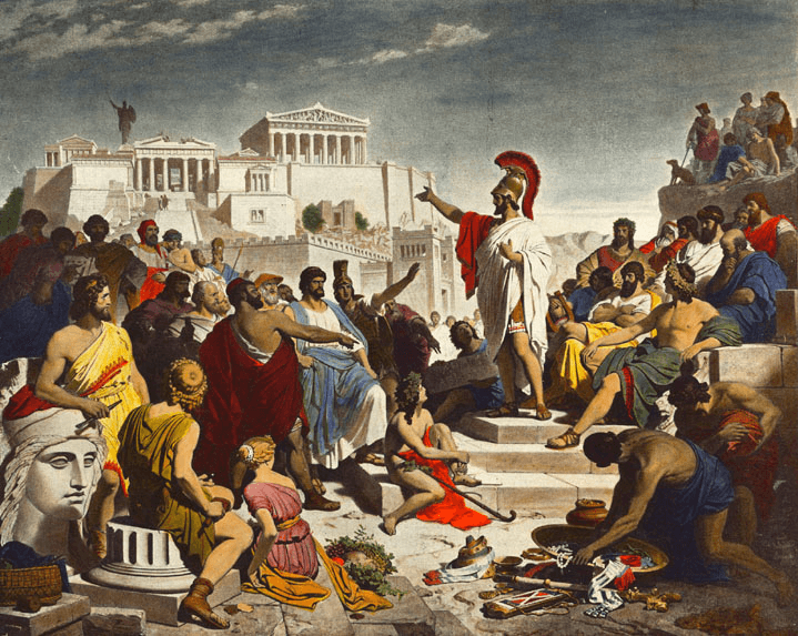 Philipp von Foltz, Mowa pogrzebowa Peryklesa, 1852 — mówca w białej szacie i czerwonym płaszczu, w hełmie z czerwonym grzebieniem, stoi na kamiennych stopniach z wyciągniętą przed siebie ręką; wokół niego siedzą i stoją zasłuchani Ateńczycy w barwnych szatach, jedni wskazują na mówcę, inni podpierają głowy, na pierwszym planie leżą tarcze, hełm i naczynia, w tle jasne budowle Akropolu pod pochmurnym niebem