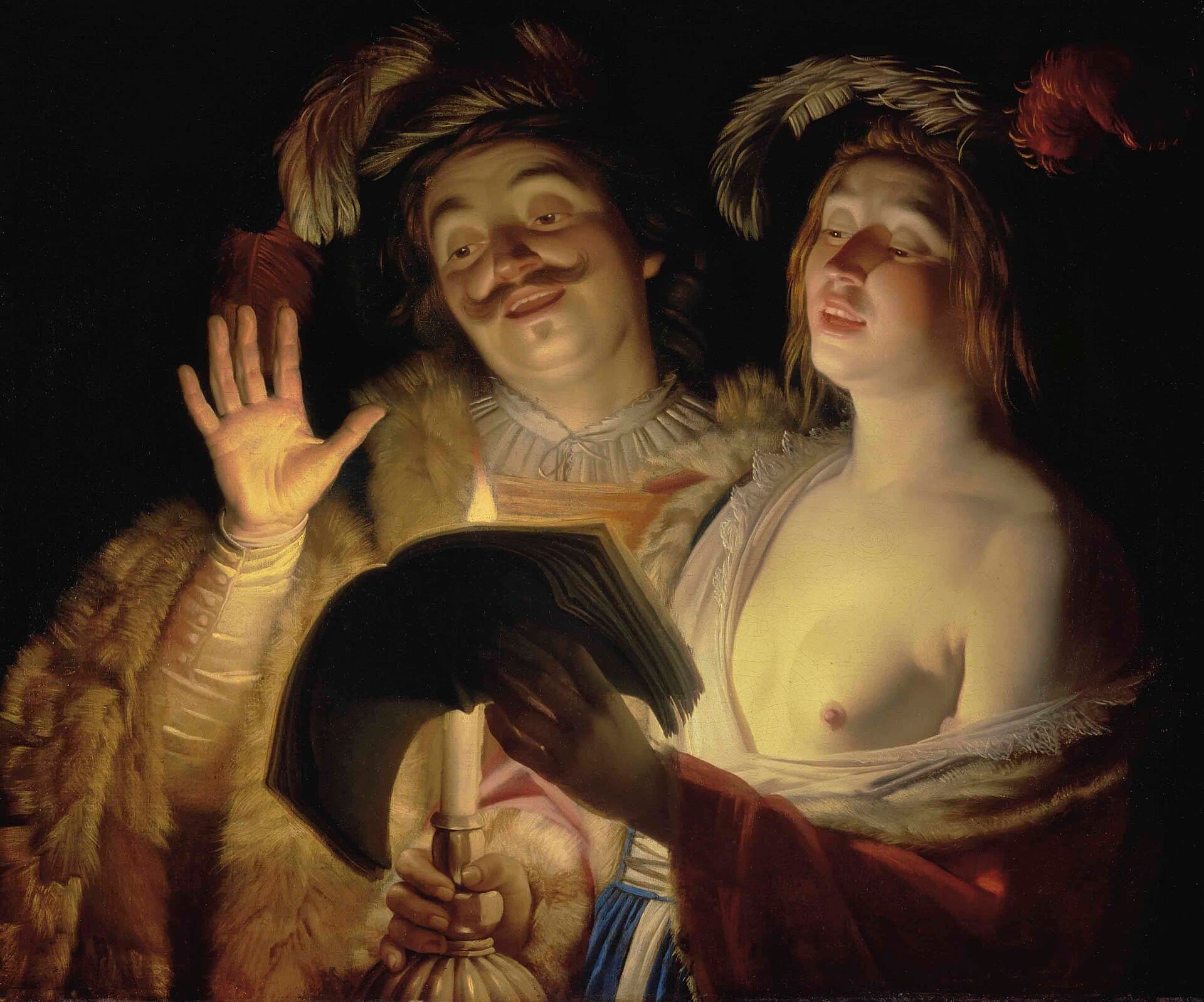 Gerrit van Honthorst, Duet, 1624, olej na płótnie - dwoje śpiewaków w kapeluszach z piórami, oświetlonych od dołu świecą schowaną za otwartą księgą nut, mężczyzna z wąsem unosi otwartą dłoń, śpiewaczka obok odchyla głowę, tło ciemne