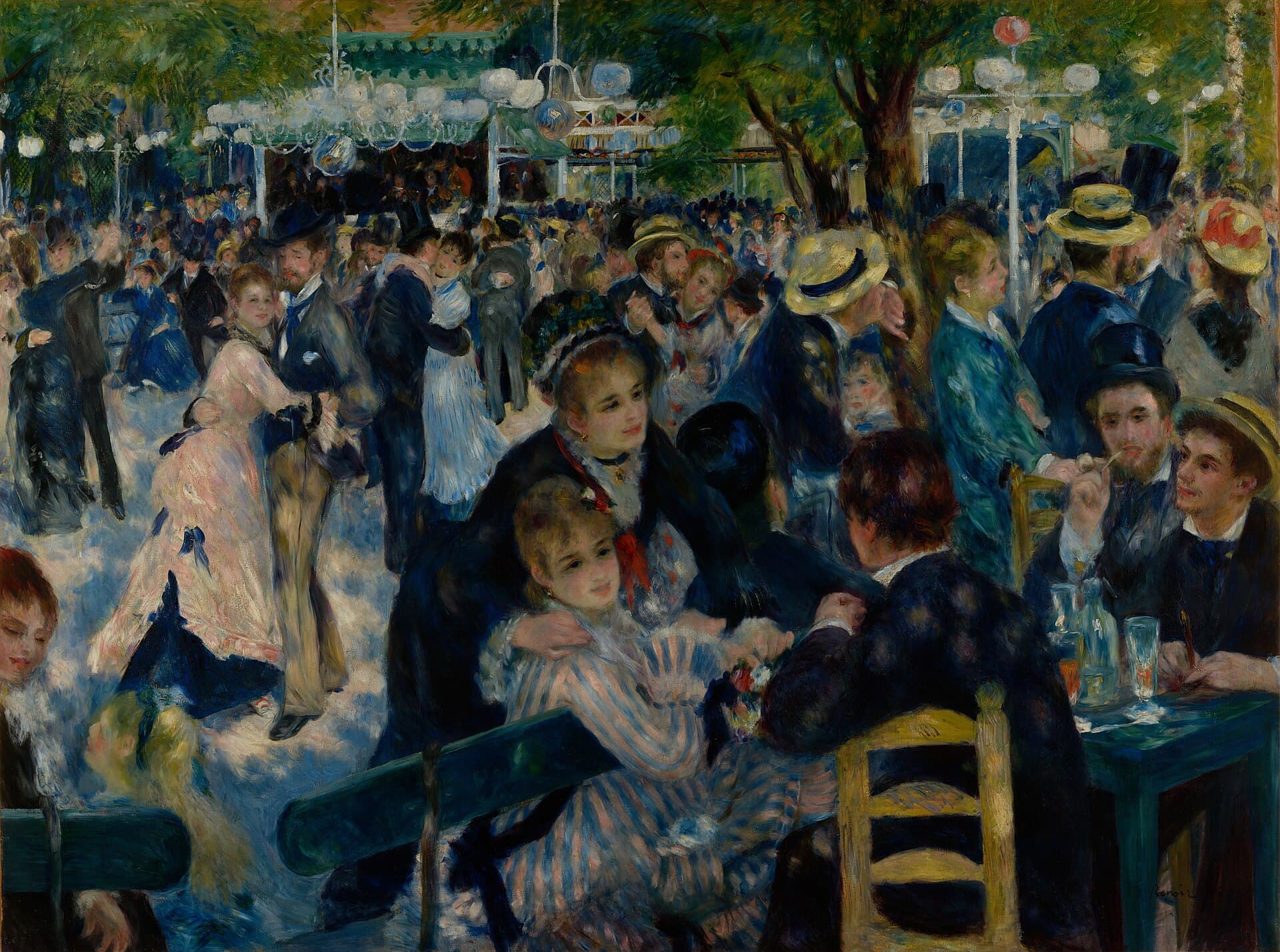Auguste Renoir, Bal w Moulin de la Galette, 1876, Musée d’Orsay w Paryżu — zatłoczony ogród przy paryskim lokalu tanecznym: pary wirują w głębi, na pierwszym planie kilkoro młodych ludzi siedzi przy stoliku ze szklankami, a przez korony drzew padają na twarze i ubrania jasne plamy słońca