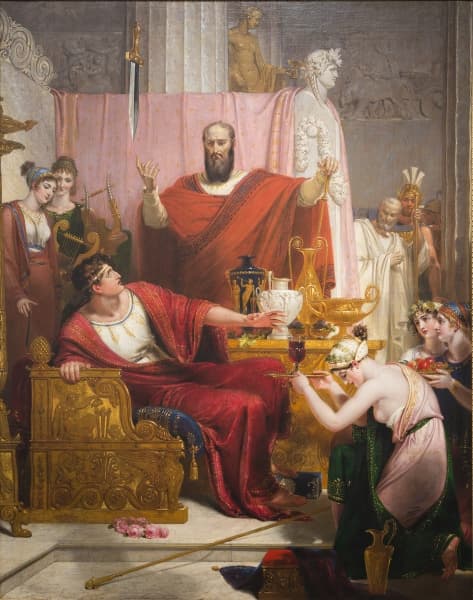 Richard Westall, Miecz Damoklesa, 1812, olej na płótnie - Damokles zasiada na tronie tyrana podczas wystawnej uczty, a tuż nad jego głową zwisa z sufitu na pojedynczym końskim włosie obnażony miecz, gotów spaść w każdej chwili; widz dostrzega zawieszone ostrze, które wisi nad biesiadnikiem przez cały czas