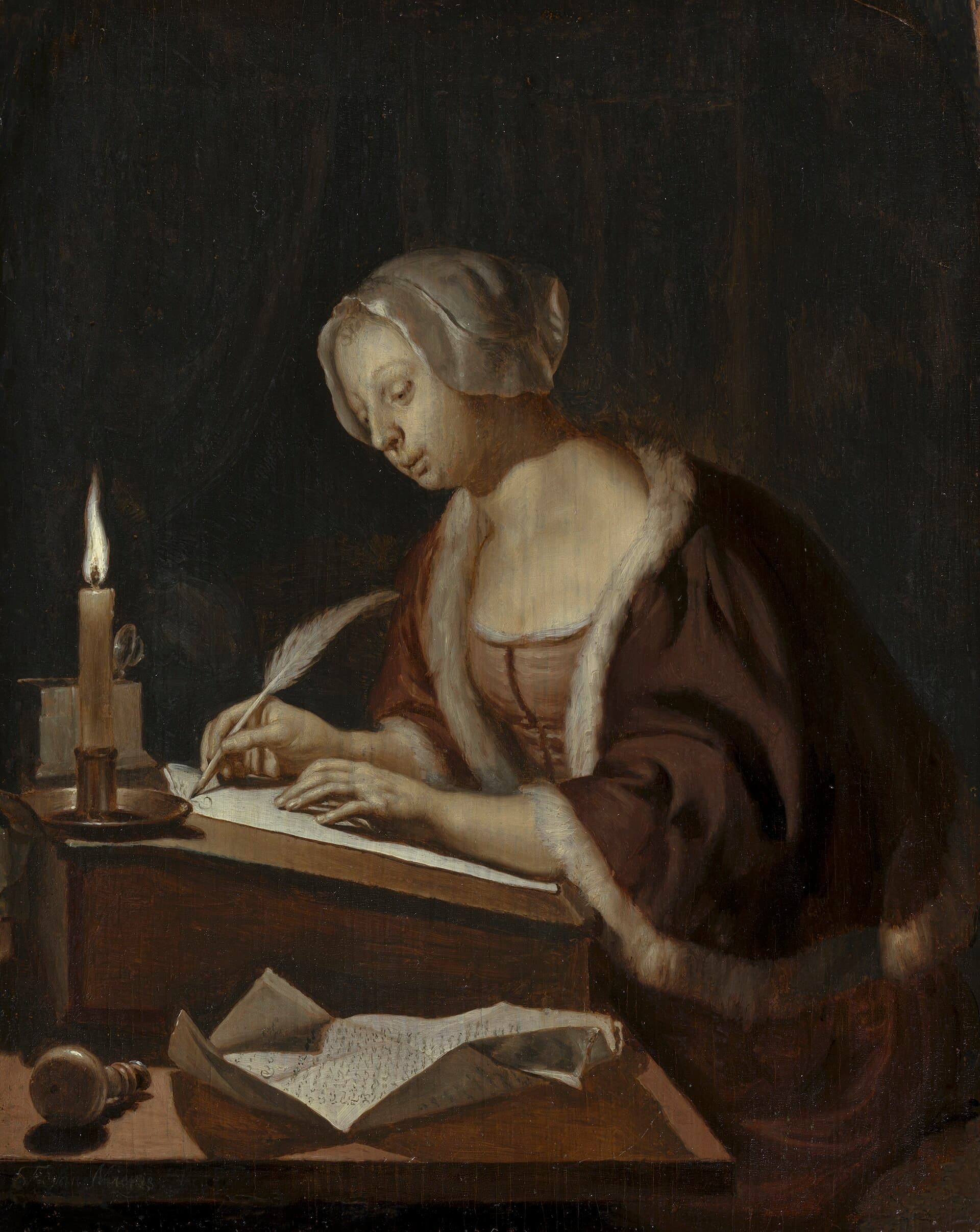 Frans van Mieris starszy, Młoda kobieta pisząca list, ok. 1670, olej - młoda kobieta w futrzanym kaftanie siedzi przy biurku w świetle świecy, gęsie pióro przy kartce, na stoliku rozłożony otrzymany list; intymna scena pisania korespondencji