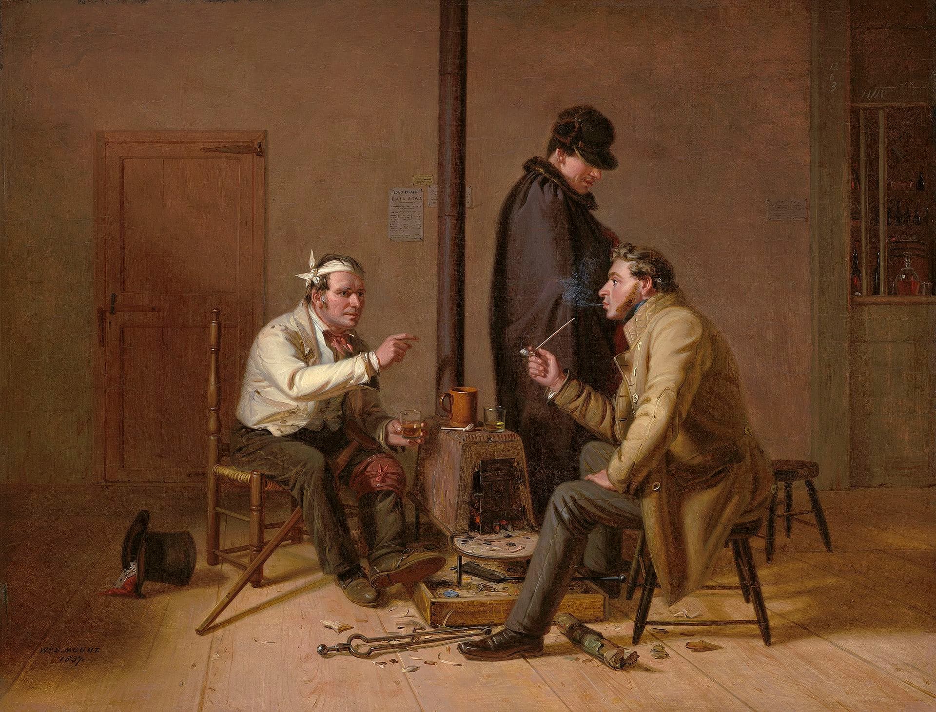 William Sidney Mount, Trudna opowieść (1837, National Gallery of Art) — trzej mężczyźni przy małym żelaznym piecyku, w izbie o gołych deskach podłogi. Siedzący po lewej ma głowę obwiązaną białą chustą, w jednej ręce trzyma szklankę, a drugą wyciąga przed siebie z wysuniętym palcem; naprzeciw, na stołku, młodszy mężczyzna w jasnym płaszczu pali długą glinianą fajkę, a między nimi stoi trzeci, w ciemnej pelerynie i futrzanej czapce.