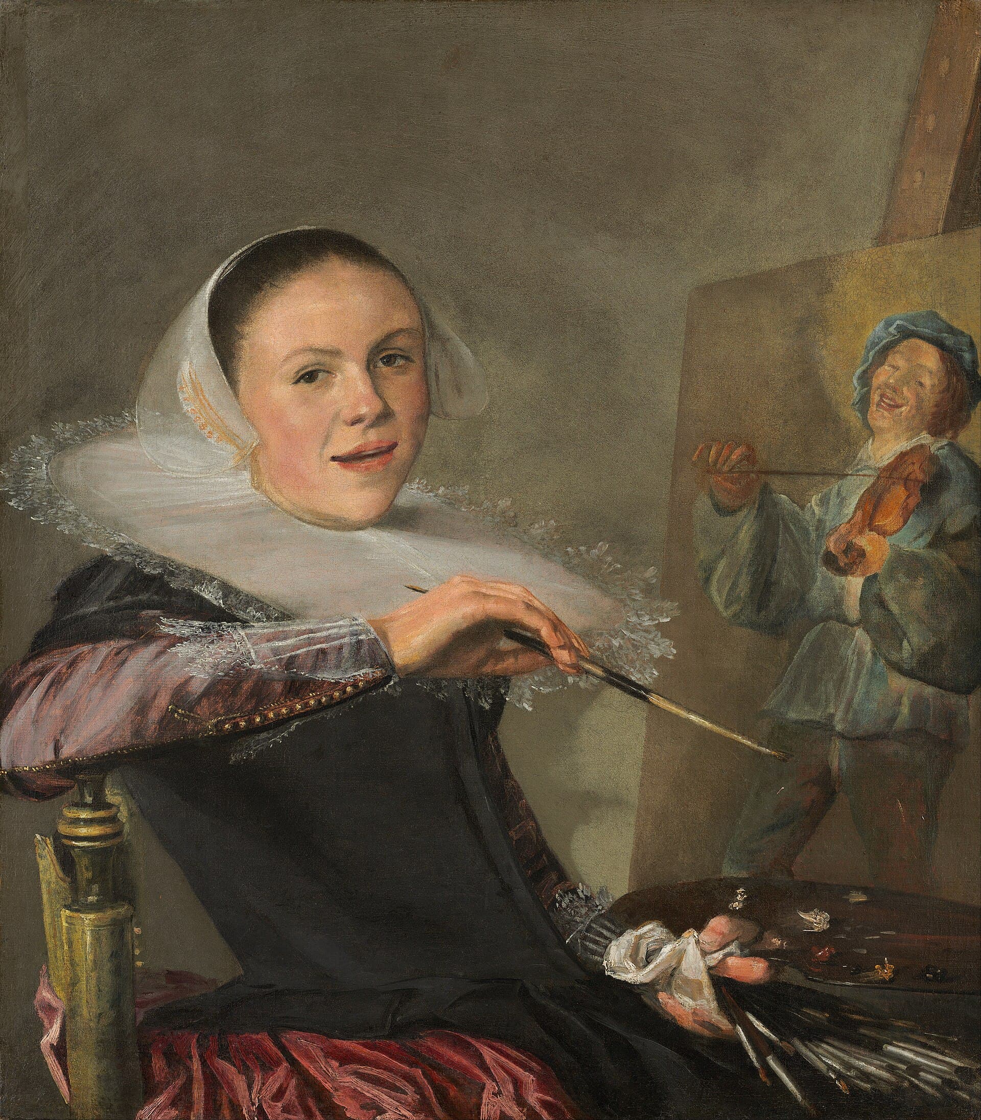 Judith Leyster, Autoportret (ok. 1630) — malarka odrywa się od sztalugi ze skrzypkiem i odwraca wprost ku widzowi z uśmiechem, jakby chciała coś powiedzieć