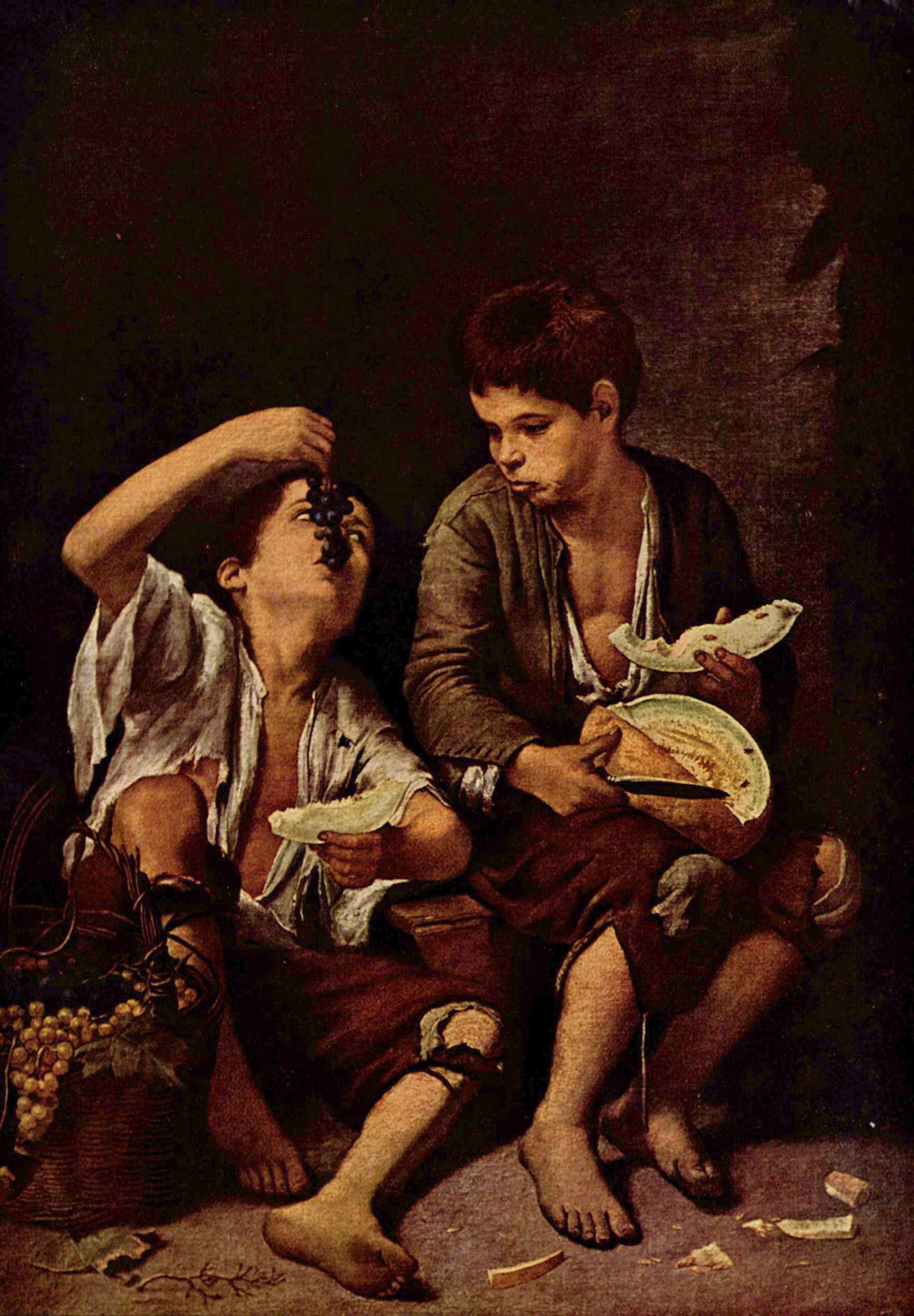 Bartolomé Esteban Murillo, Chłopcy jedzący winogrona i melona (ok. 1645) - dwóch bosych chłopców w podartych koszulach siedzi na ziemi przy ciemnym murze; jeden odchyla głowę i trzyma nad otwartymi ustami ciemną kiść winogron, drugi żuje z pełnymi policzkami, ściskając plaster melona i nóż; obok stoi wiklinowy kosz pełen jasnych gron, a wokół leżą skórki