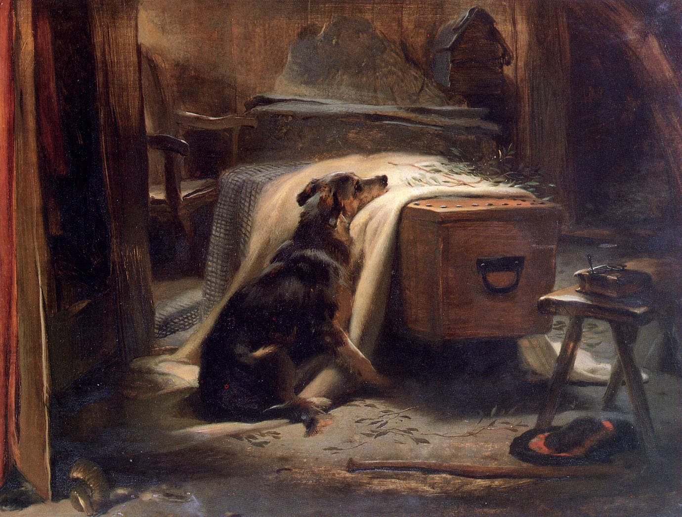 Edwin Landseer, Główny żałobnik starego pasterza, 1837 - wierny owczarek złożył łeb na trumnie zmarłego pasterza w cichym czuwaniu