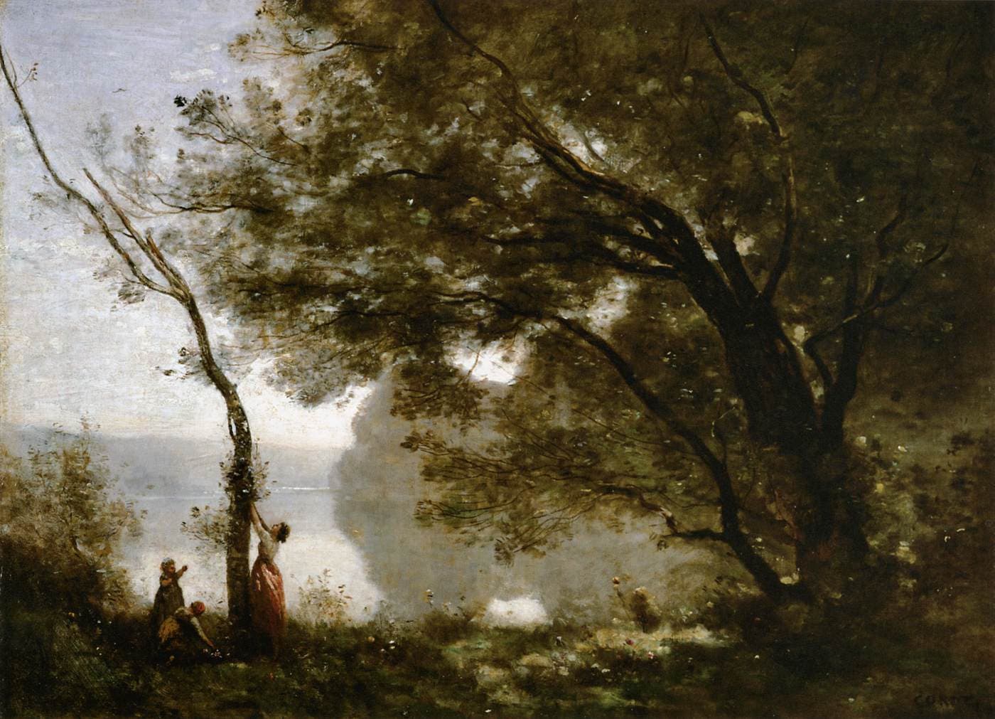Camille Corot, Wspomnienie z Mortefontaine (1864) - zamglony, wyidealizowany pejzaż z jeziorem i drzewami