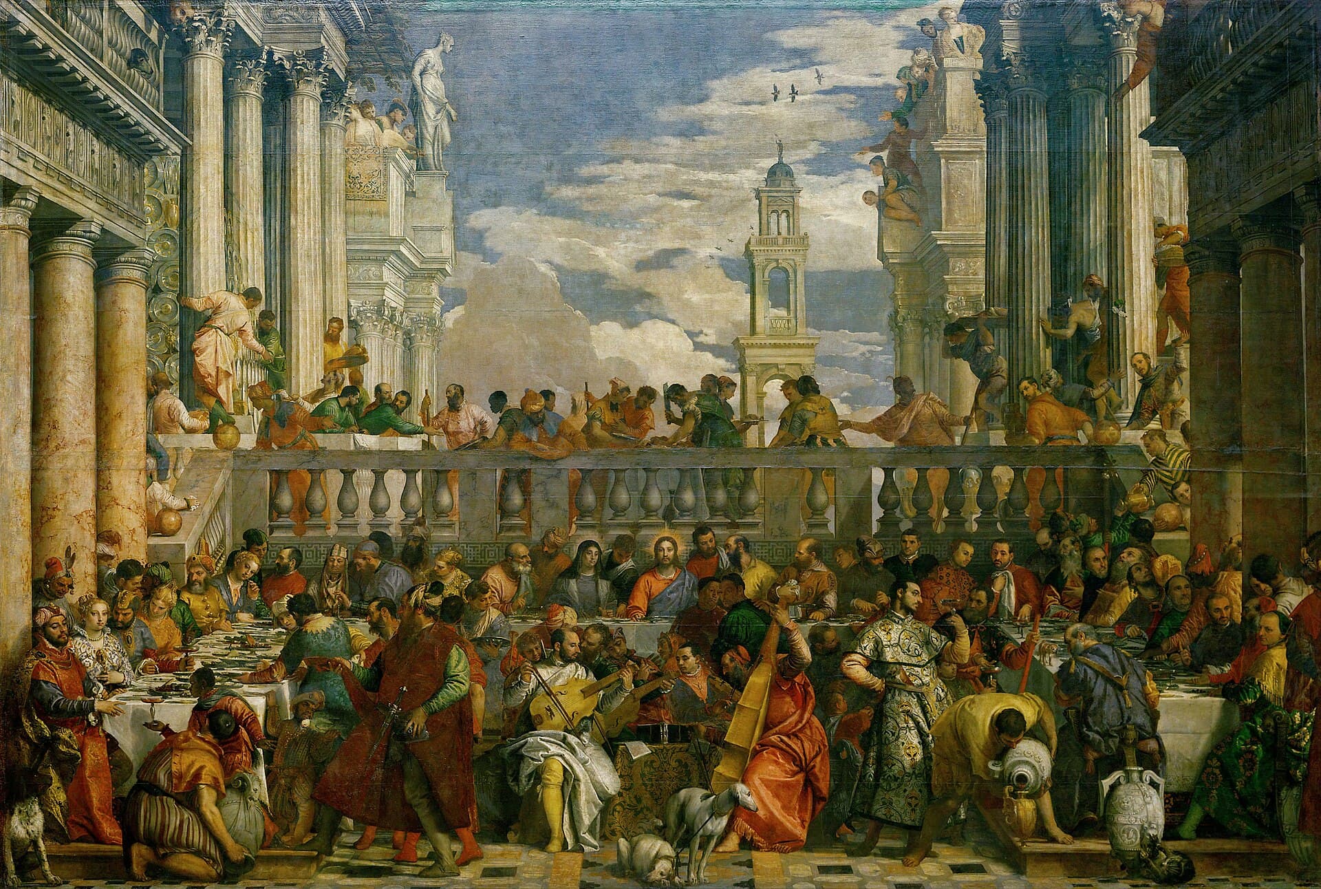 Paolo Veronese, Gody w Kanie Galilejskiej 1563, Luwr — monumentalna uczta weselna z ponad setką postaci w renesansowej architekturze; w centrum przy stole Jezus, a na pierwszym planie grupa muzykantów, wśród nich autoportret malarza grającego na violi, świadek z boku cudu przemiany wody w wino