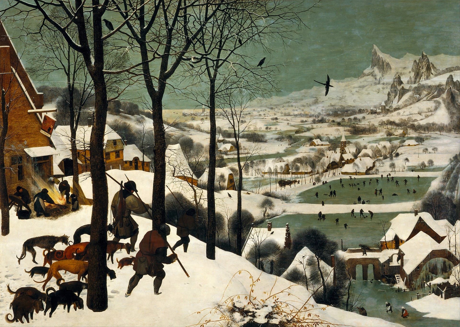 Pieter Bruegel starszy, Myśliwi w śniegu, 1565, Kunsthistorisches Museum w Wiedniu - zimowy pejzaż widziany z wysoka: na pierwszym planie po lewej trzej znużeni myśliwi z sforą psów schodzą ze wzgórza ku dolinie, w dole rozciąga się ośnieżona wioska z zamarzniętymi stawami, na których dziesiątki maleńkich postaci jeżdżą na łyżwach, dalej młyn wodny i ostre górskie szczyty na horyzoncie; całą rozległą scenę ogarnia się jednym spojrzeniem z góry
