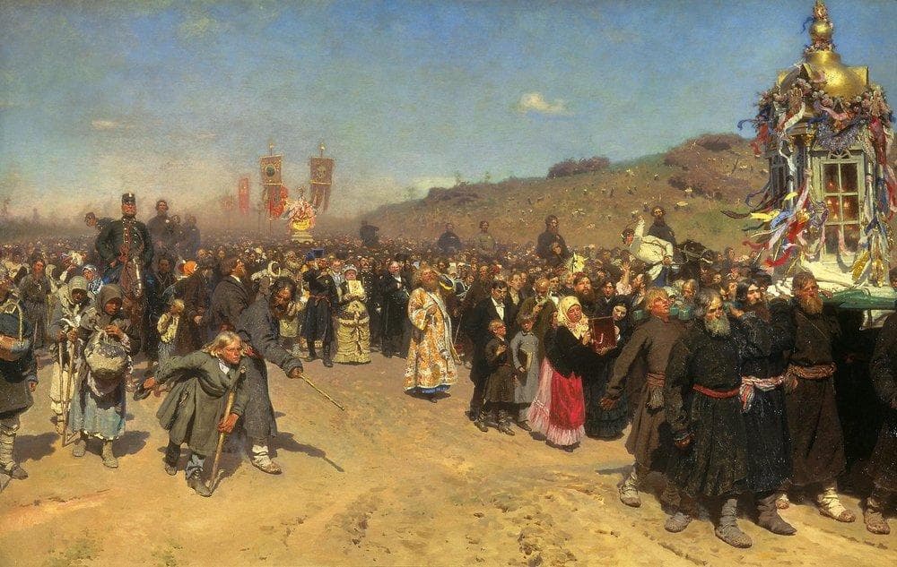 Ilja Riepin, Procesja religijna w guberni kurskiej, 1883 - wielki tłum pojedynczych postaci w procesji płynie jako jedno ciało przez pylisty trakt; obraz zbiorowości, wielu jako jedno my