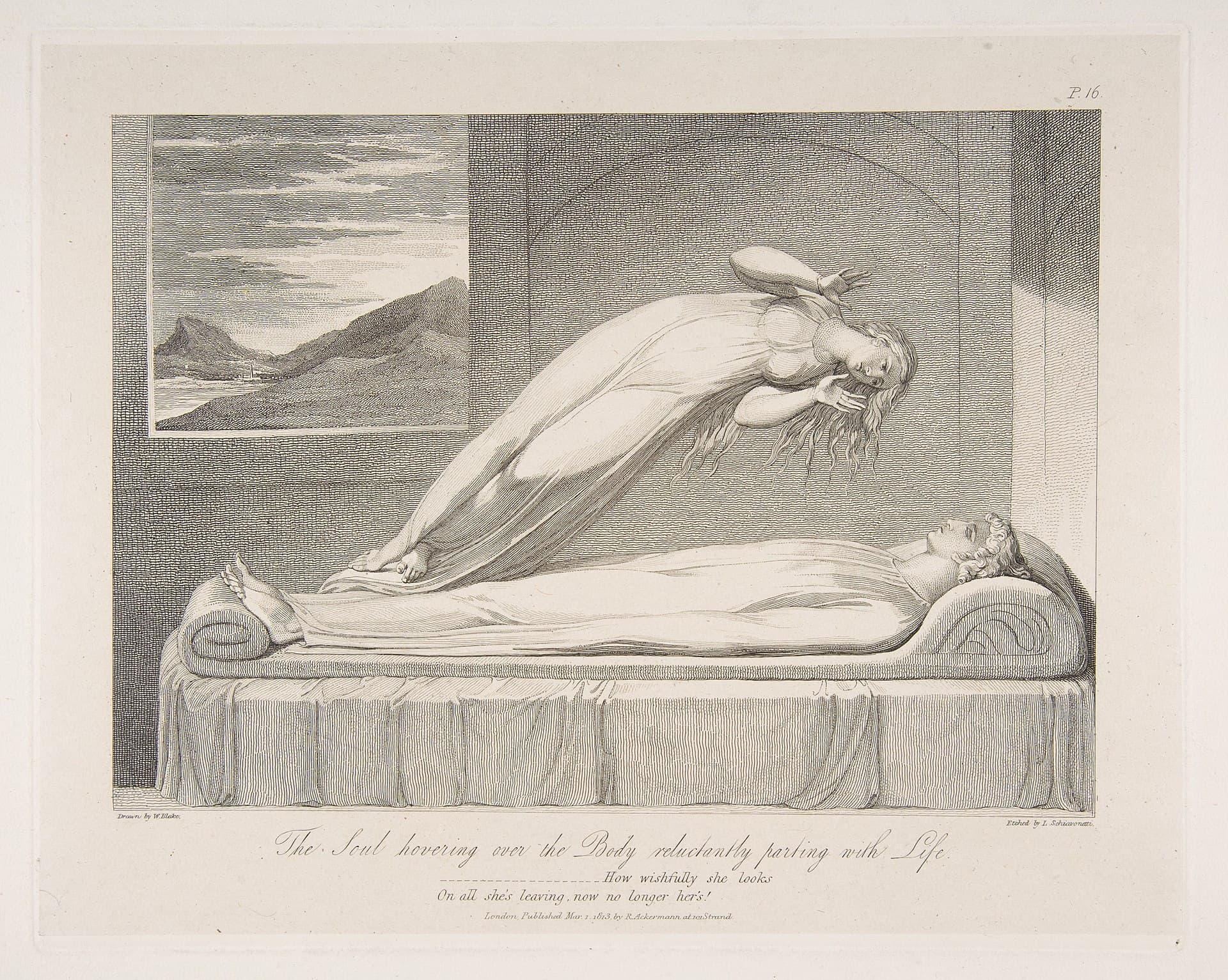 Rycina według Williama Blake'a, Dusza unosząca się nad ciałem, 1808 - zmarły jako unosząca się, eteryczna dusza wzbija się nad własnym łożem śmierci, na którym spoczywa bezwładne ciało; dusza ogląda się za siebie i z żalem patrzy na porzucane ciało oraz świat, który opuszcza, jakby spoglądała już z drugiej strony życia