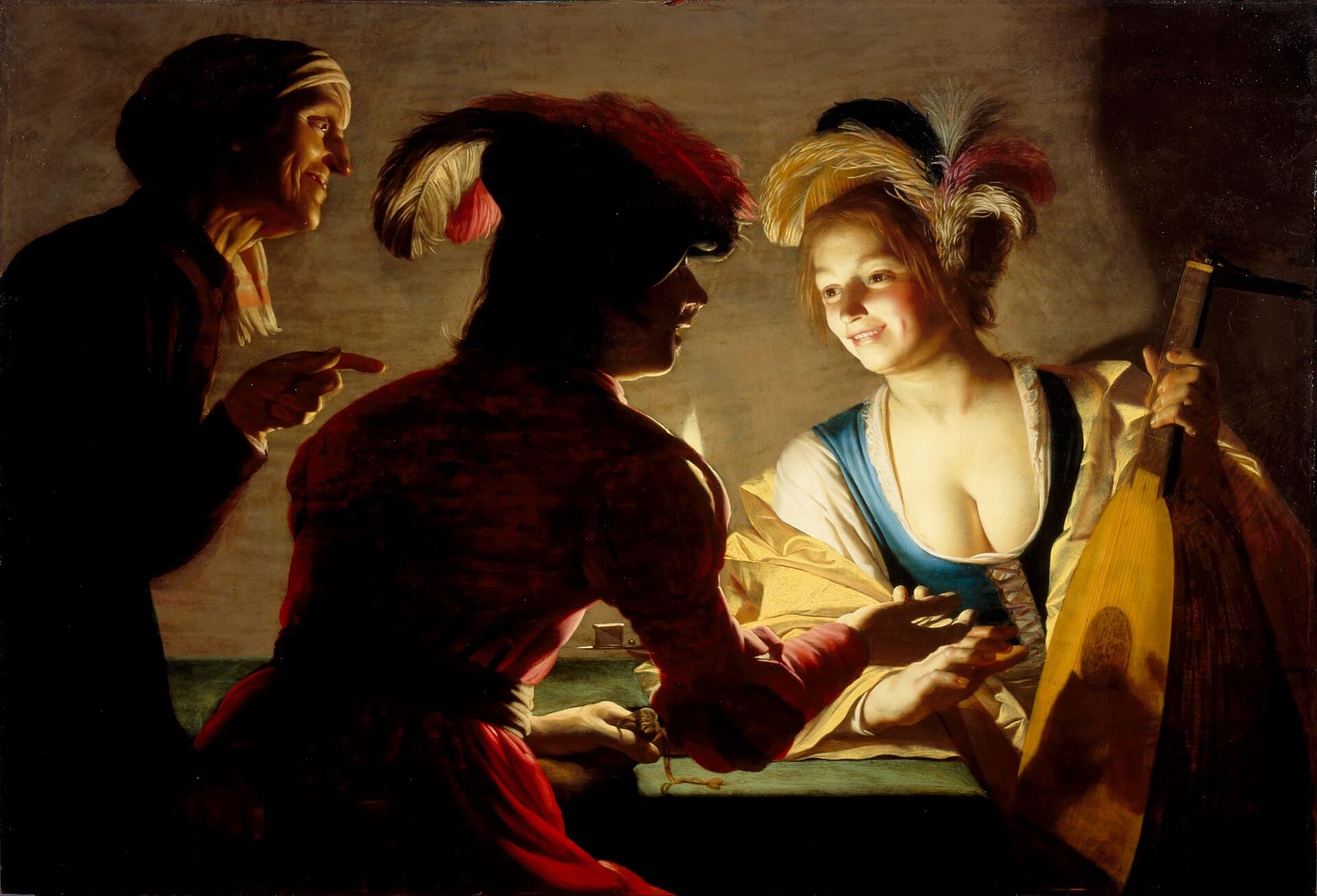 Gerard van Honthorst, Streczycielka (1625) - przy swietle jednej swiecy mlodzieniec wrecza pieniadze wystrojonej dziewczynie, stara rajfurka czuwa nad transakcja w caravaggiowskim cieniu