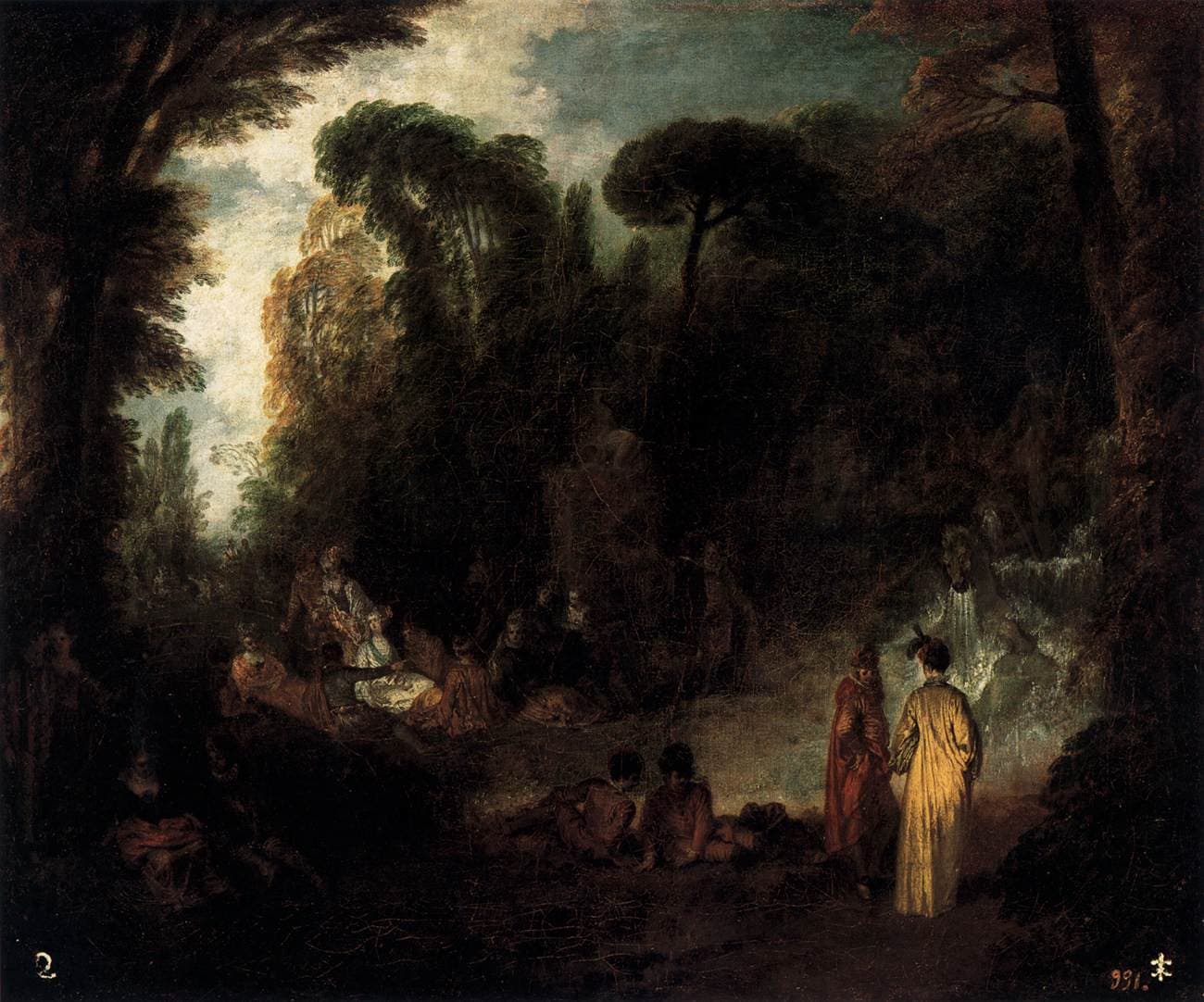 Antoine Watteau, Zgromadzenie w parku, ok. 1717, Luwr - niewielka fête galante: w bujnym, słonecznym parku grupki elegancko ubranych kobiet i mężczyzn siedzą i stoją wśród drzew, pochylone ku sobie w swobodnej rozmowie; nikt nikogo nie napiera, scena oddycha luźną, towarzyską atmosferą drobnych, naturalnych kontaktów między ludźmi