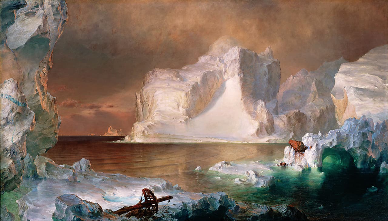Frederic Edwin Church, Góry lodowe, 1861 - monumentalna góra lodowa nad spokojnym morzem w zimnym świetle; widoczna bryła zapowiada ogromną masę ukrytą pod powierzchnią