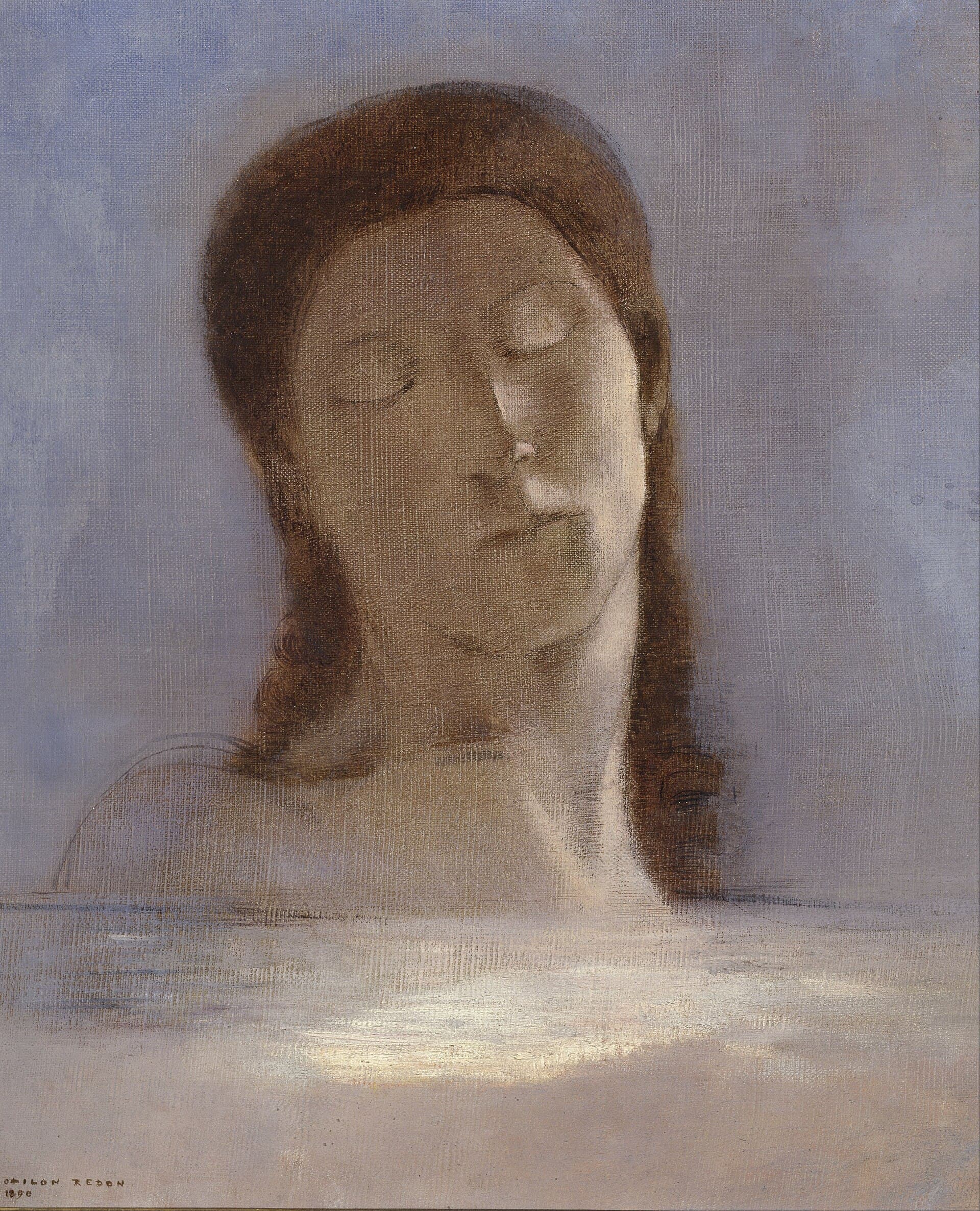 Odilon Redon, Zamknięte oczy (Les yeux clos, 1890) - twarz o przymkniętych oczach, spojrzenie zwrócone do wewnątrz
