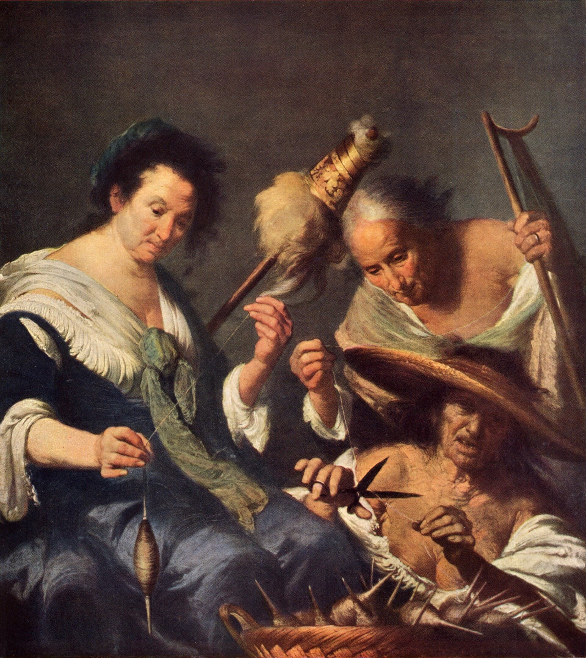 Bernardo Strozzi, Trzy Parki, ok. 1630, olej - trzy stare kobiety przy jednej nici, pierwsza z wrzecionem, druga trzyma uniesioną kądziel, trzecia w słomianym kapeluszu podnosi rozwarte nożyce do naprężonej nici