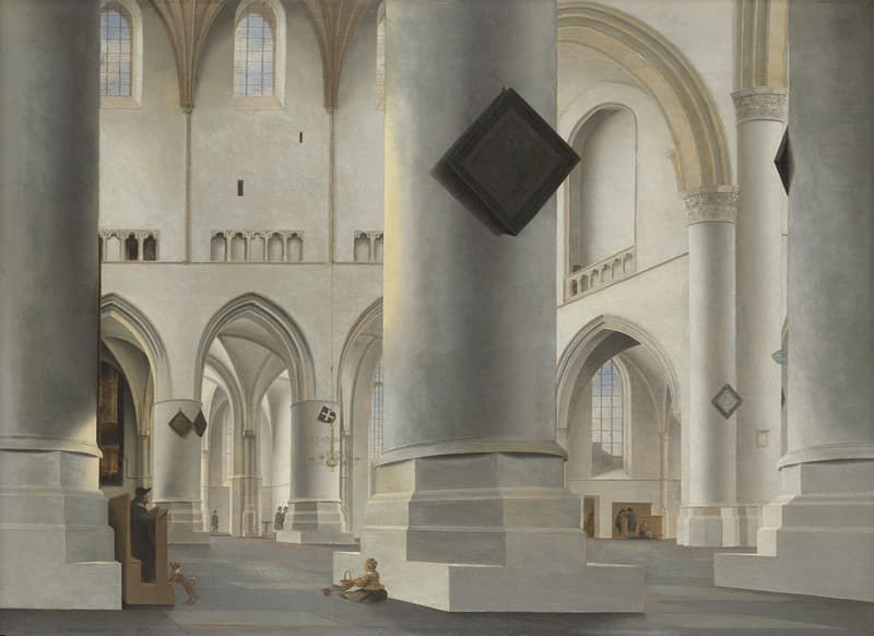 Pieter Jansz. Saenredam, Wnętrze Grote Kerk w Haarlemie (1636–1637, National Gallery w Londynie) — widok w głąb pobielonego gotyckiego kościoła, w którym potężne okrągłe filary wchodzą w kadr od góry i od dołu, a za nimi otwierają się kolejne ostrołukowe arkady. Całość jest utrzymana w bieli i chłodnych szarościach, a nieliczni ludzie na posadzce są kilkakrotnie mniejsi od filarów, przy których stoją.